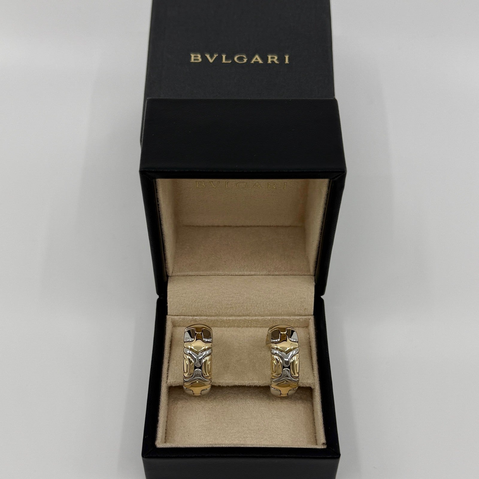 Rare Vintage Bvlgari Alveare Parentesi 18k Yellow Gold Steel Clip Hoop Earrings — view 2