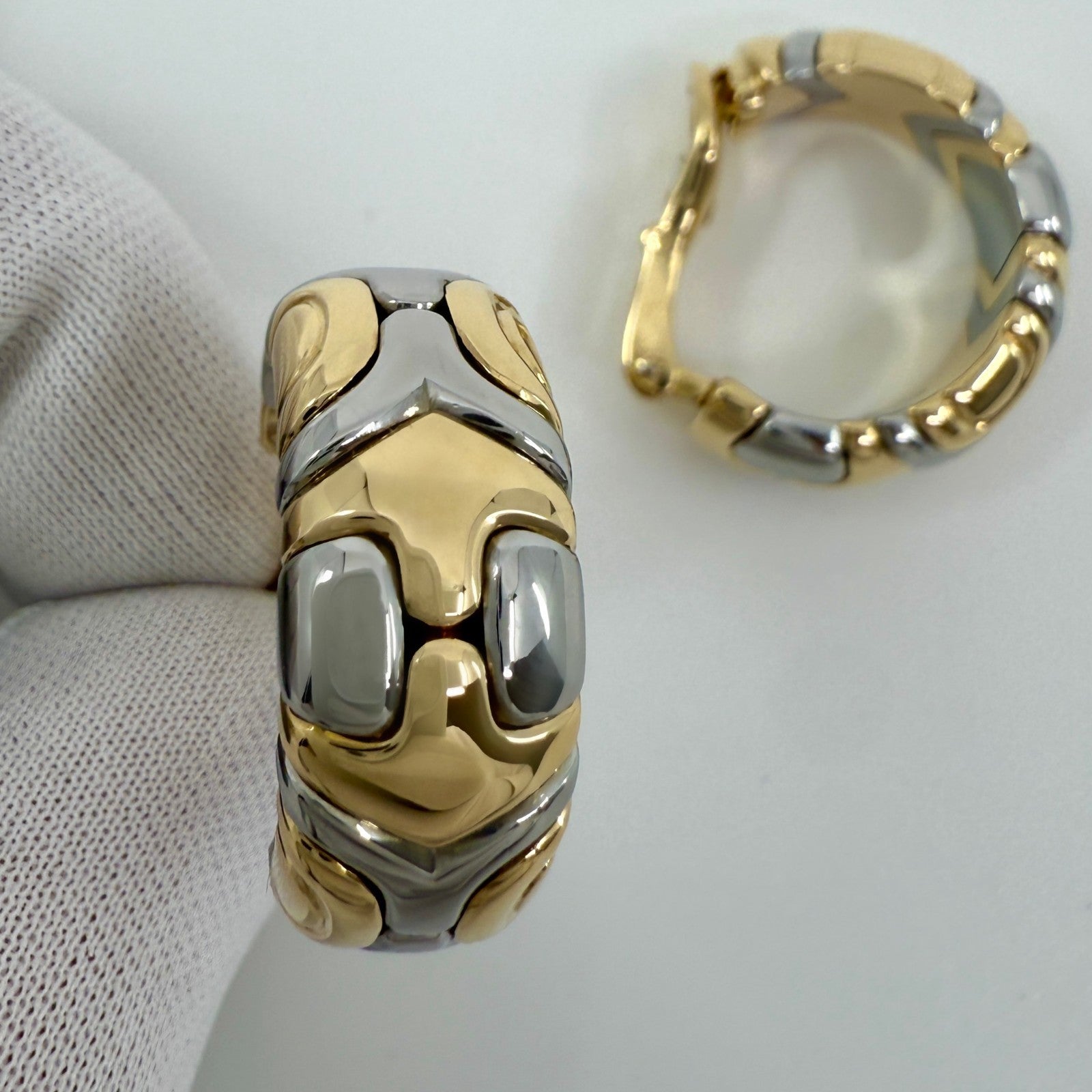 Rare Vintage Bvlgari Alveare Parentesi 18k Yellow Gold Steel Clip Hoop Earrings — view 3
