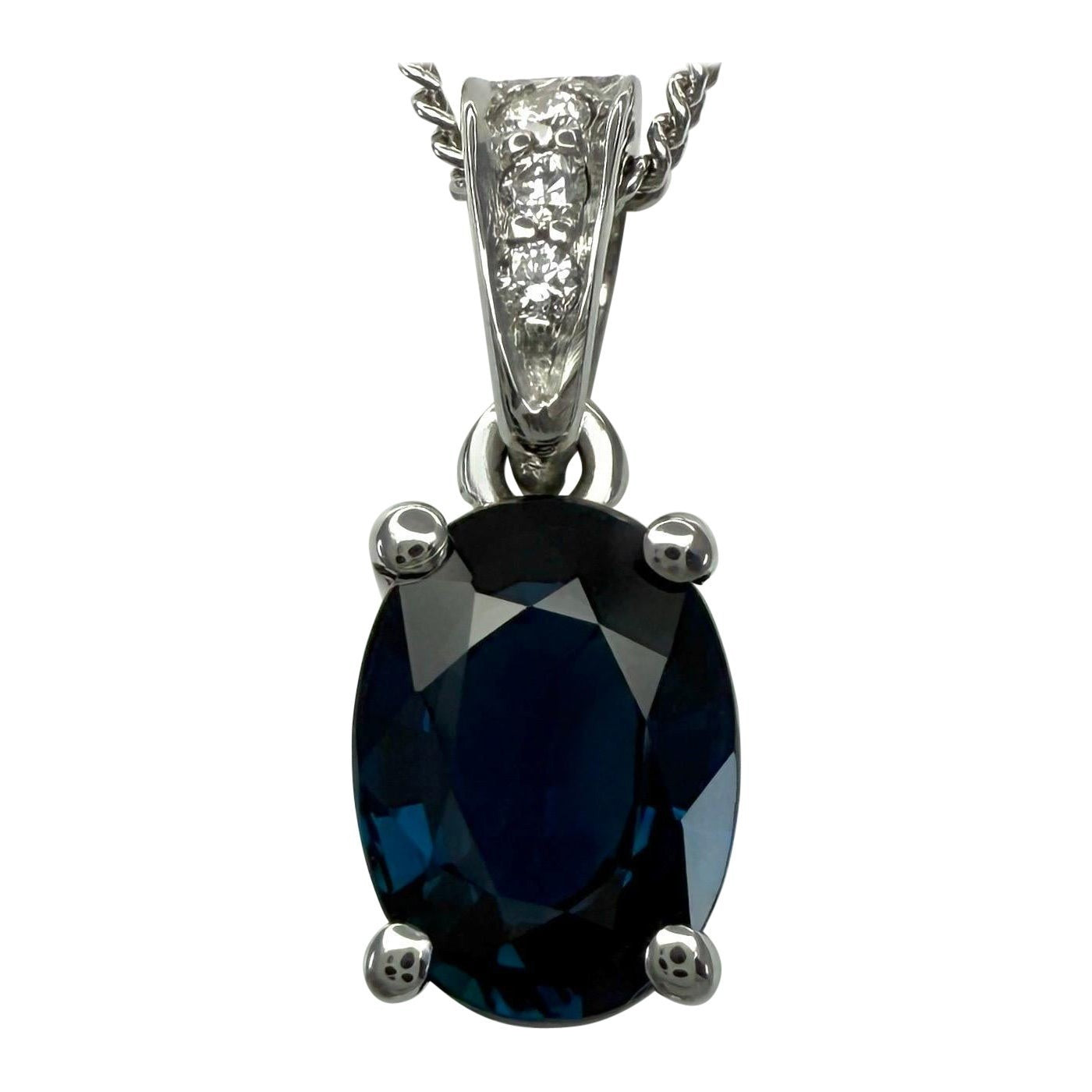 1.03ct Deep Blue Oval Cut Sapphire & Diamond Platinum Solitaire Pendant Necklace