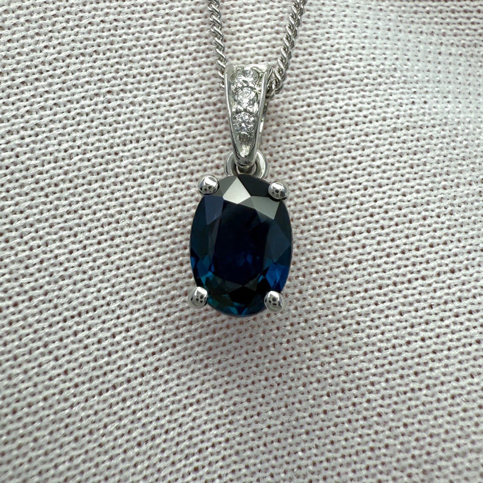 1.03ct Deep Blue Oval Cut Sapphire & Diamond Platinum Solitaire Pendant Necklace — view 2