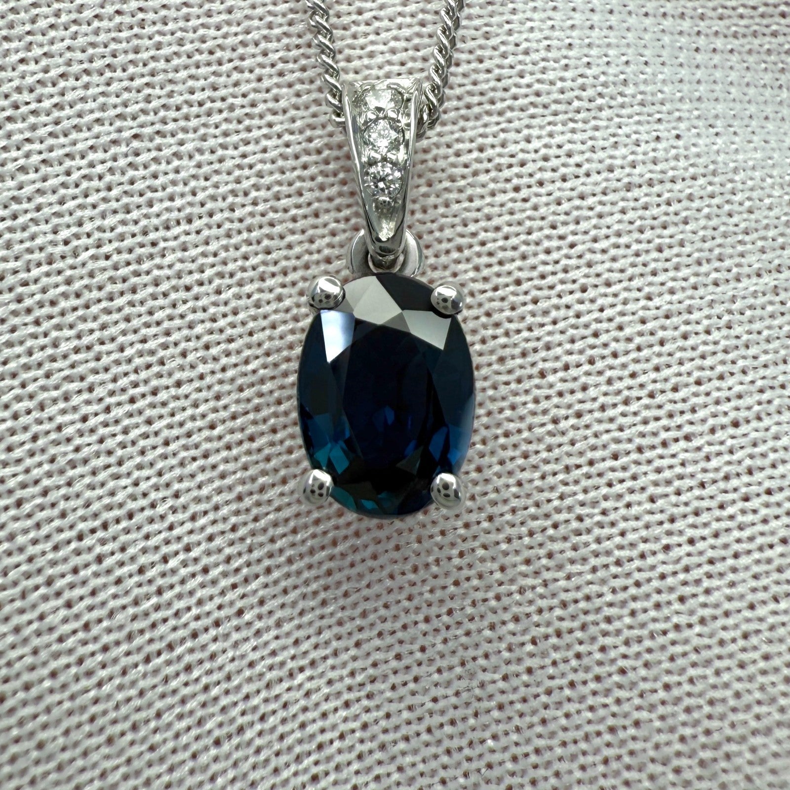1.03ct Deep Blue Oval Cut Sapphire & Diamond Platinum Solitaire Pendant Necklace — view 3