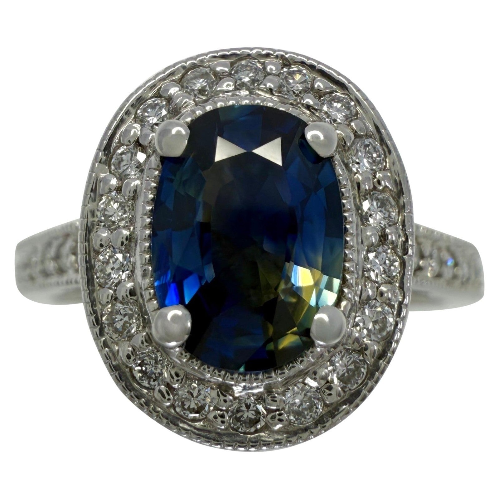 UNIQUE 1.53ct Bi Colour Blue Yellow Sapphire & Diamond 18k White Gold Halo Ring