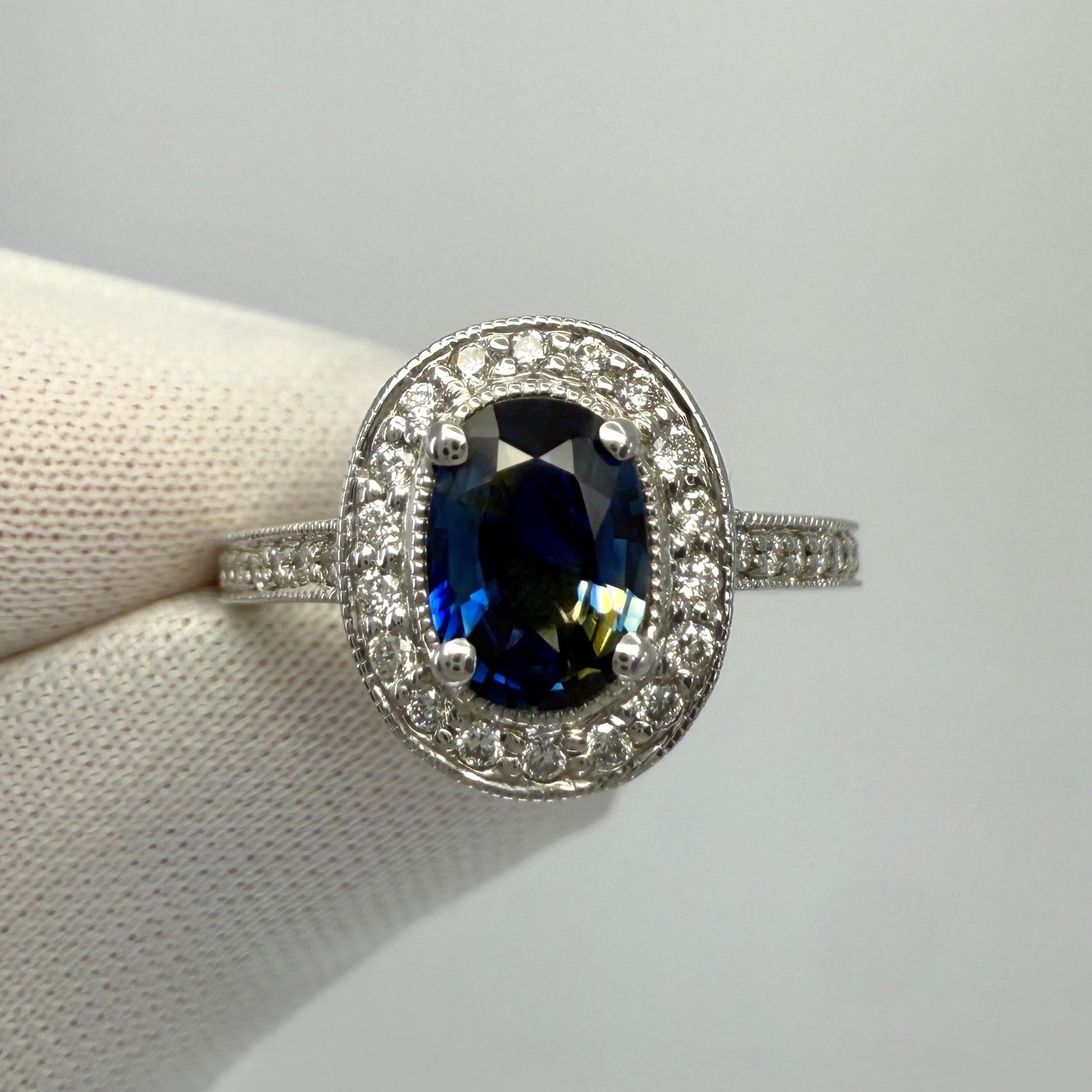 UNIQUE 1.53ct Bi Colour Blue Yellow Sapphire & Diamond 18k White Gold Halo Ring — view 2