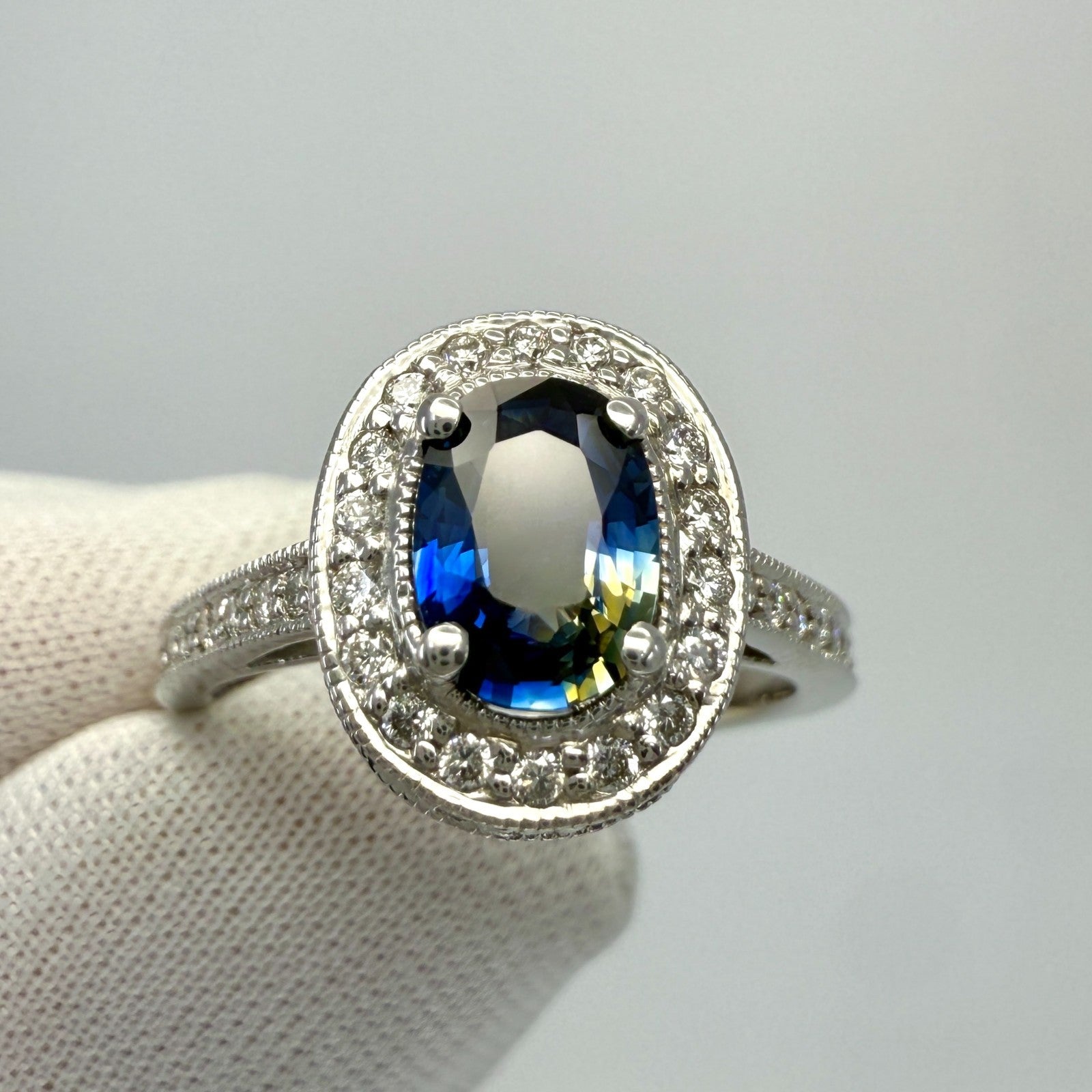 UNIQUE 1.53ct Bi Colour Blue Yellow Sapphire & Diamond 18k White Gold Halo Ring — view 3