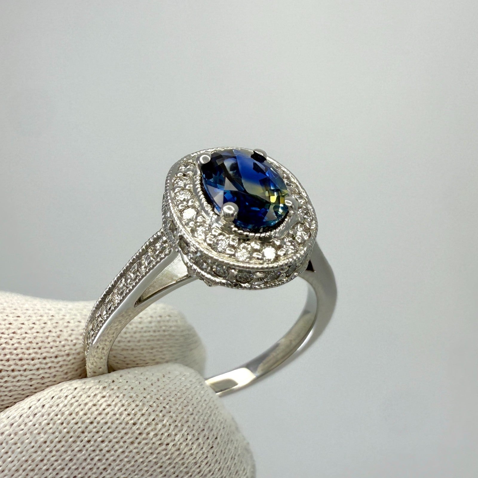 UNIQUE 1.53ct Bi Colour Blue Yellow Sapphire & Diamond 18k White Gold Halo Ring — view 5
