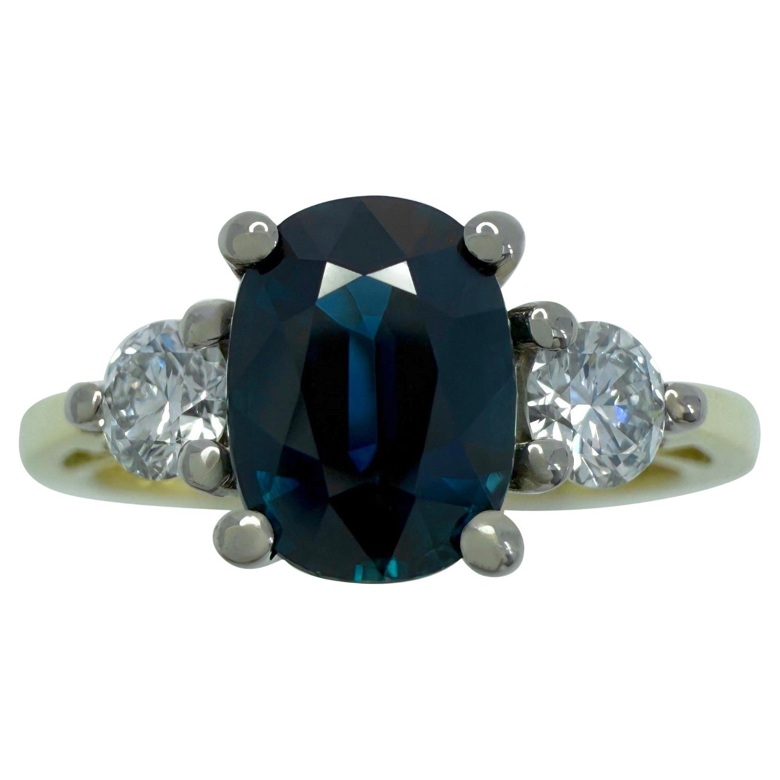 GIA Certified Untreated Cushion Blue Sapphire Diamond Three Stone 18k Gold Ring