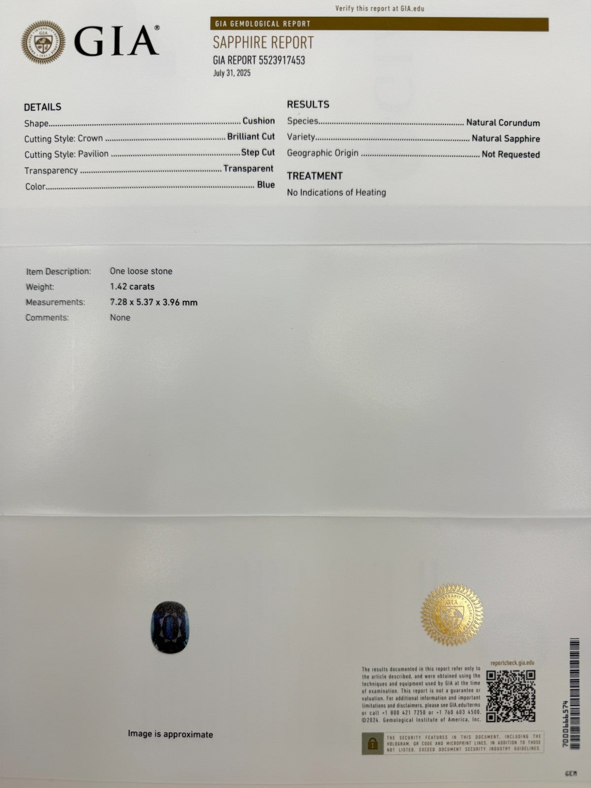 GIA Certified Untreated Cushion Blue Sapphire Diamond Three Stone 18k Gold Ring — view 2