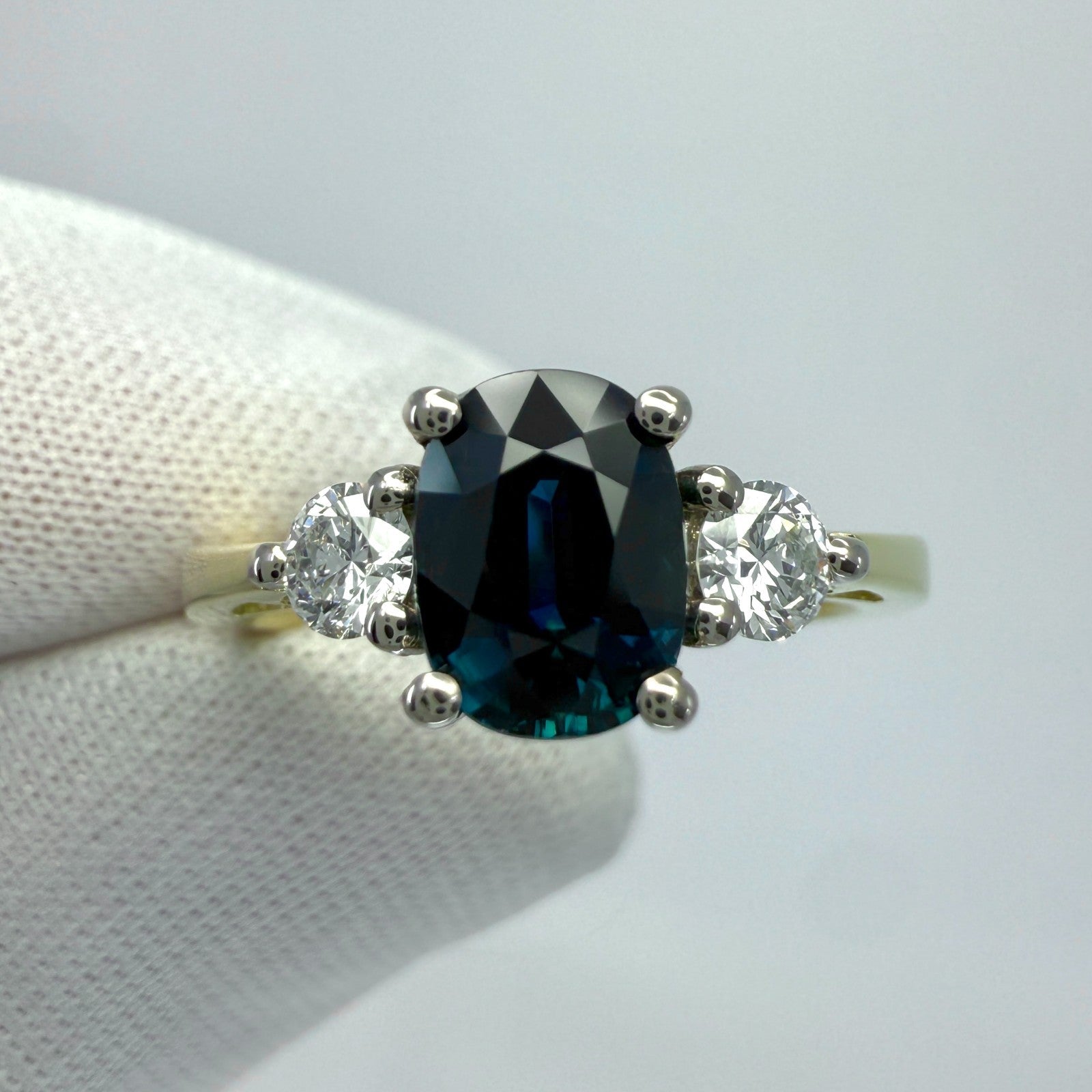 GIA Certified Untreated Cushion Blue Sapphire Diamond Three Stone 18k Gold Ring — view 3