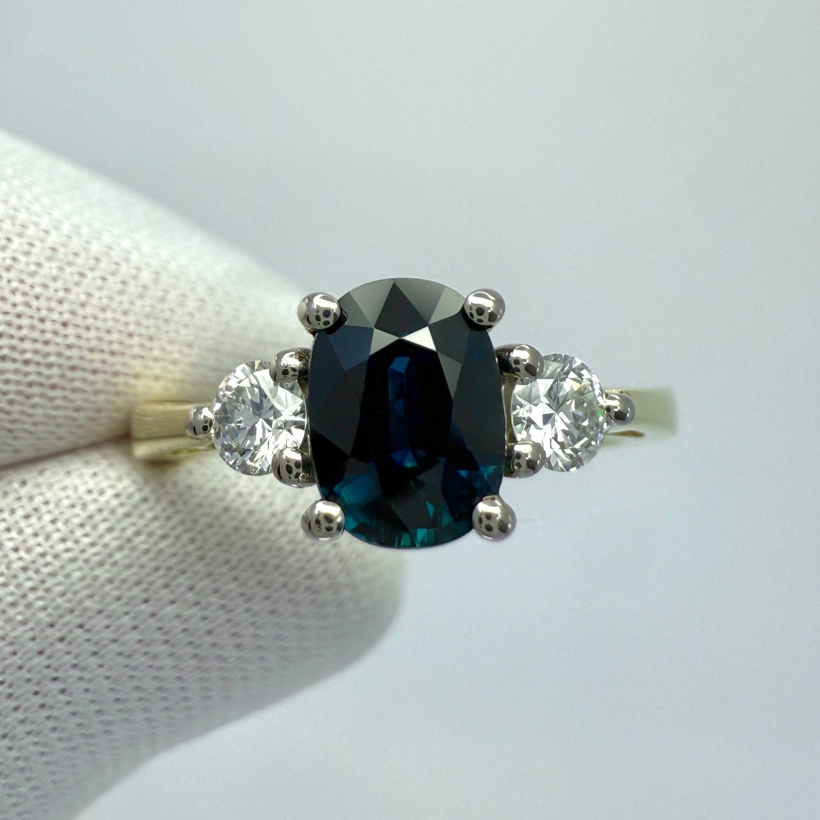 GIA Certified Untreated Cushion Blue Sapphire Diamond Three Stone 18k Gold Ring — view 5