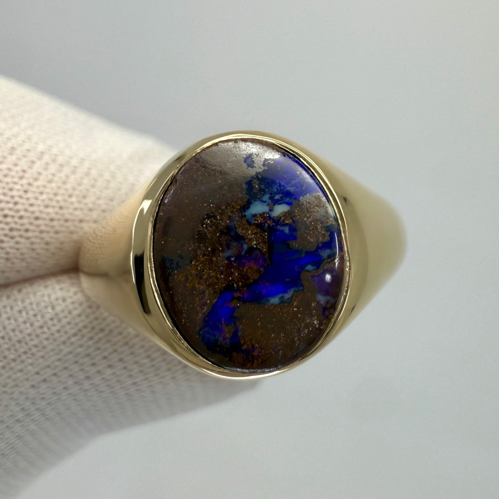 Natural 1.38ct Australian Black Boulder Opal 9k Yellow Gold Oval Signet Ring — view 2