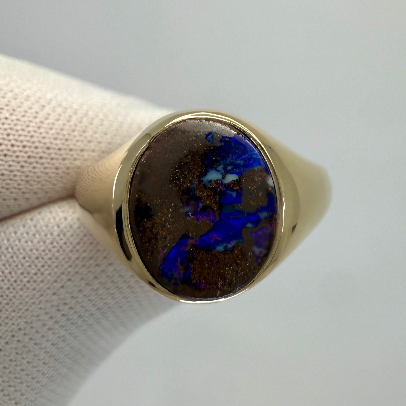 Natural 1.38ct Australian Black Boulder Opal 9k Yellow Gold Oval Signet Ring — view 3