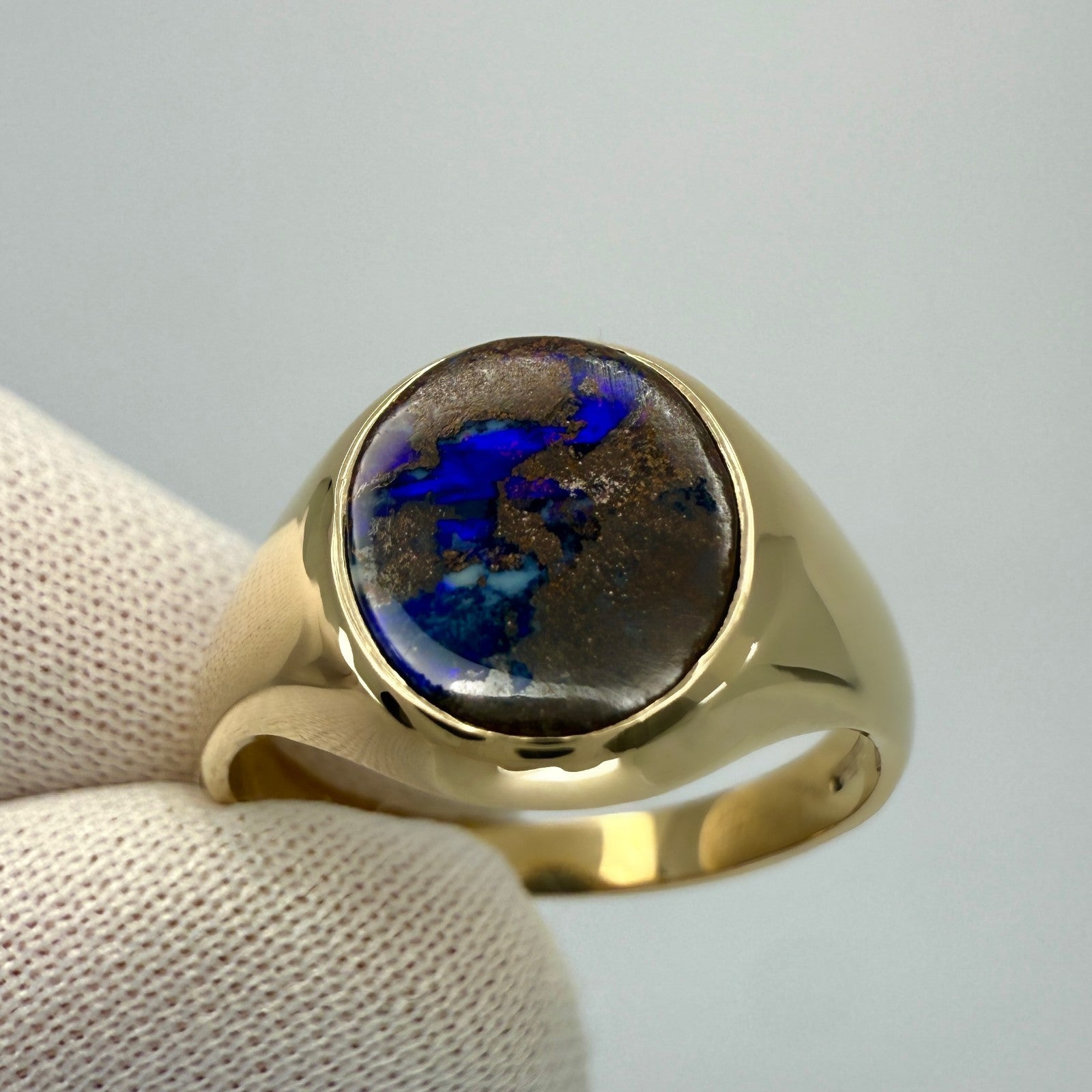 Natural 1.38ct Australian Black Boulder Opal 9k Yellow Gold Oval Signet Ring — view 4