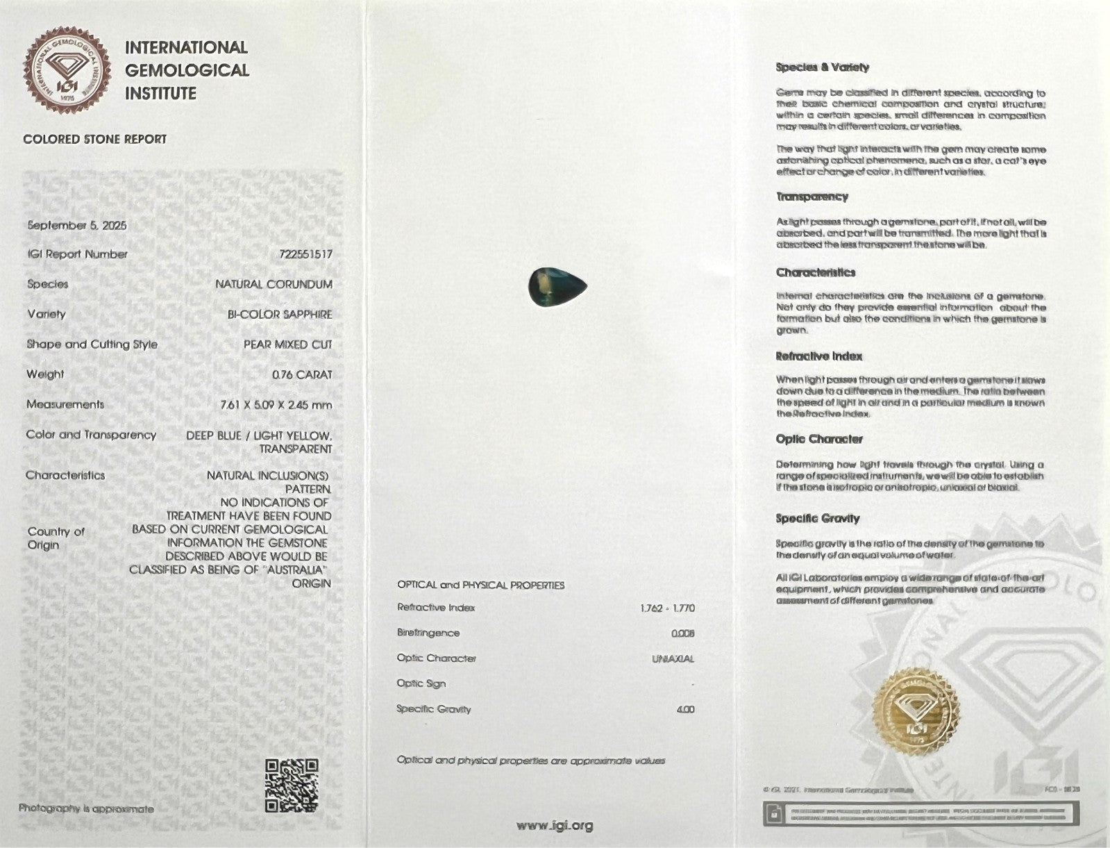Unique IGI CERTIFIED Bi Colour Blue Yellow 0.76ct AUSTRALIAN Sapphire UNTREATED — view 2