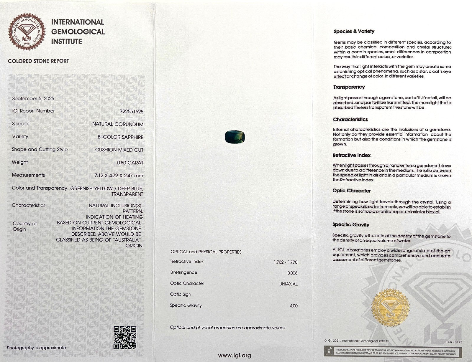 Unique IGI CERTIFIED Bi Colour Blue Yellow AUSTRALIAN Sapphire 0.80ct Cushion — view 2