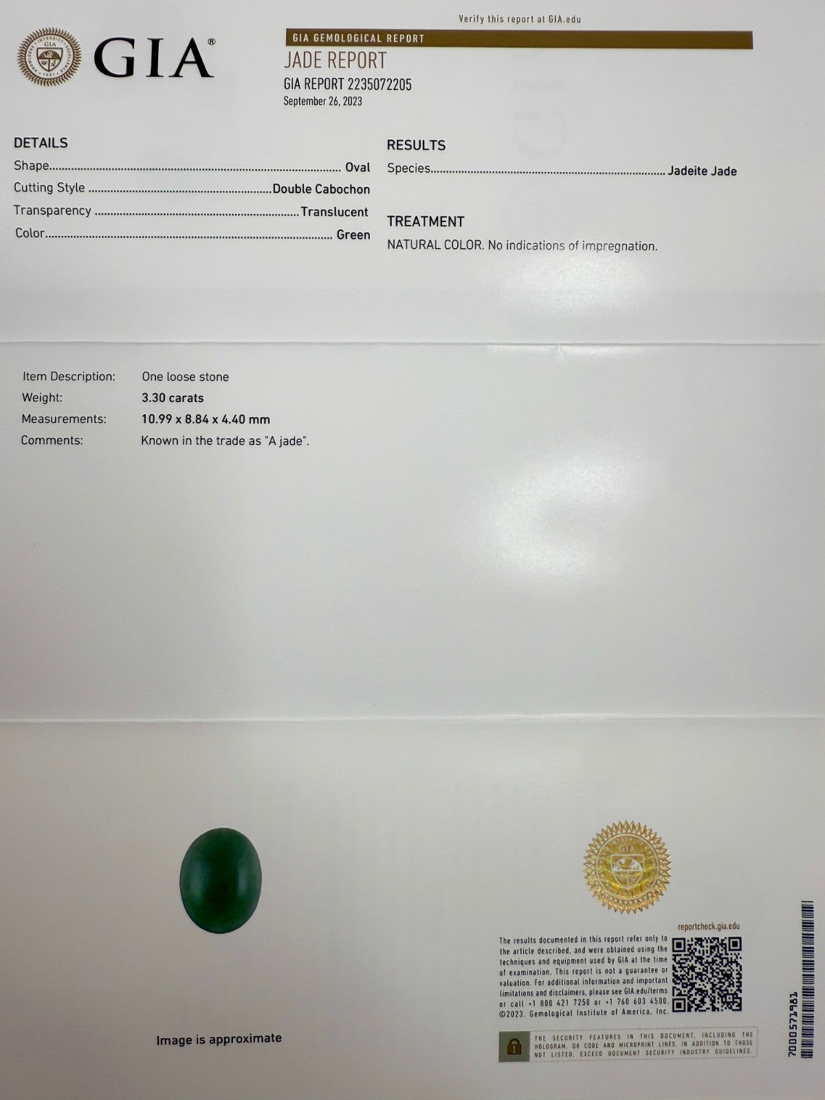 GIA Certified 3.30ct Jadeite A Grade Jade Green Oval 18k Yellow Gold Signet Ring — view 2