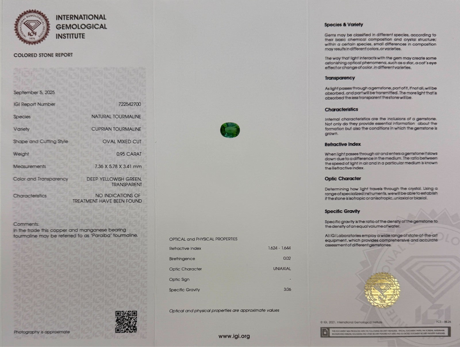 1.10ct IGI Certified Green Paraiba Cuprian Tourmaline Diamond Platinum Halo Ring — view 3