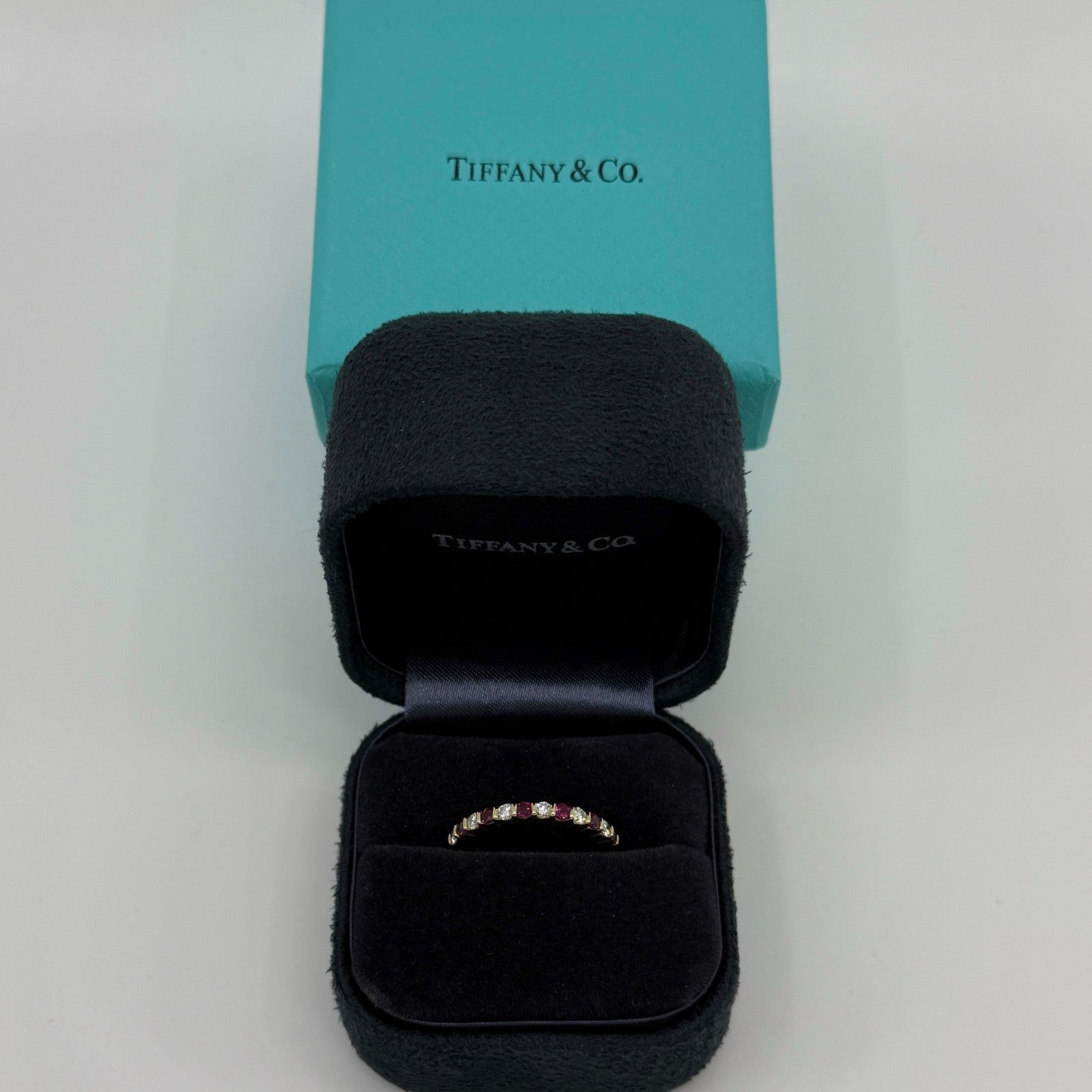 Vintage Tiffany & Co. Round Cut Ruby Diamond 18k Yellow Gold Half Eternity Ring — view 2