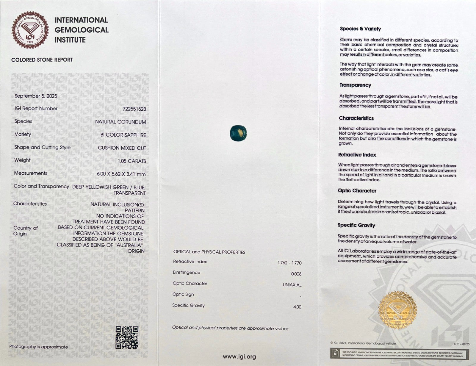Unique 1.05ct IGI CERTIFIED Bi Colour Sapphire Yellow Blue AUSTRALIAN Untreated — view 2