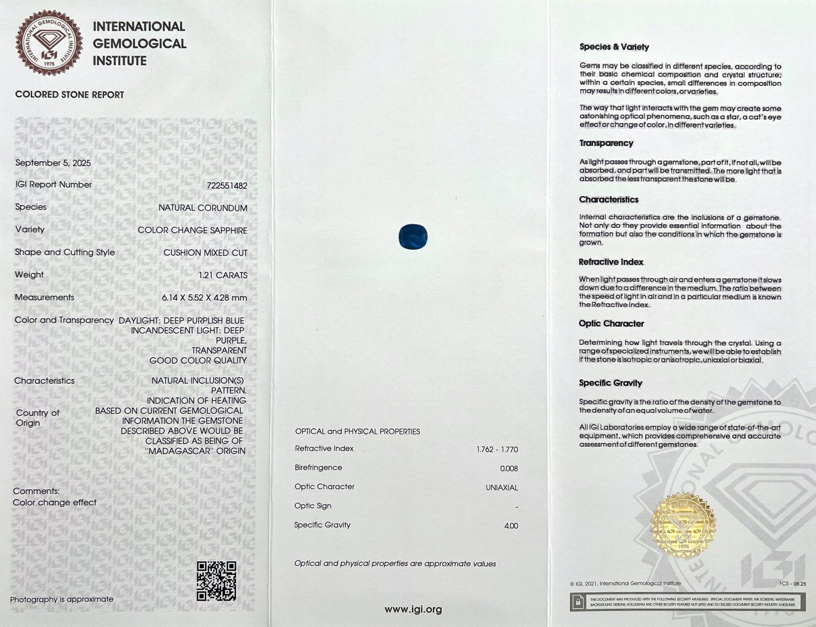 IGI CERTIFIED 1.21ct Colour Change Sapphire DEEP Purple Blue Cushion Cut RARE — view 3