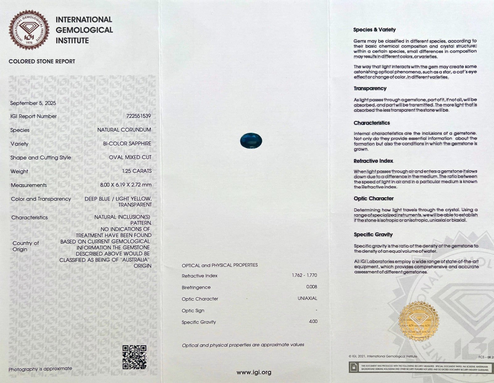 IGI CERTIFIED 1.25ct AUSTRALIA Bi Colour Blue Yellow Sapphire UNTREATED Oval Cut — view 2