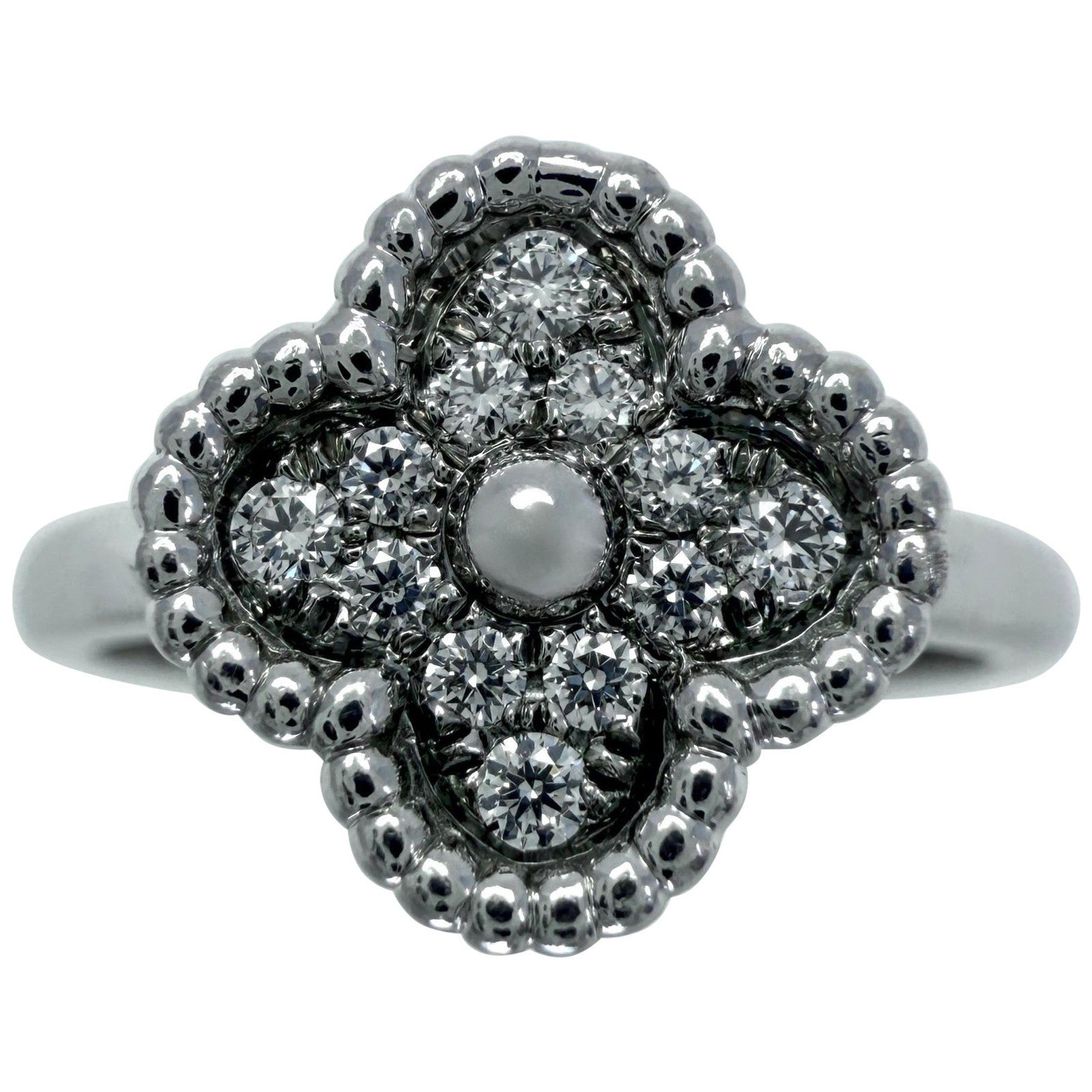 Vintage Van Cleef & Arpels Sweet Alhambra Diamond 18k White Gold Ring Certified