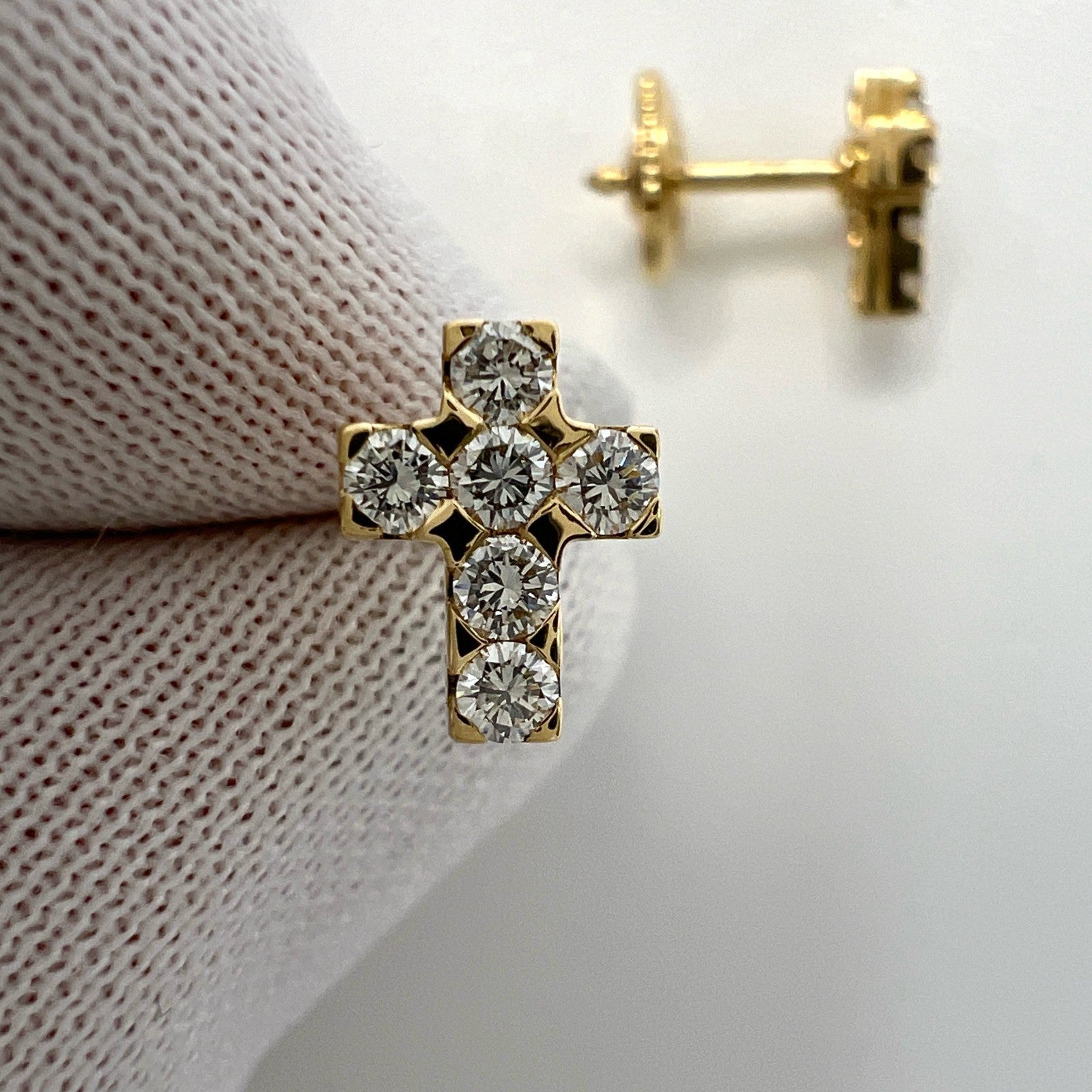 Rare Vintage Van Cleef & Arpels Mini Cross Diamond 18K Yellow Gold Earring Studs — view 3