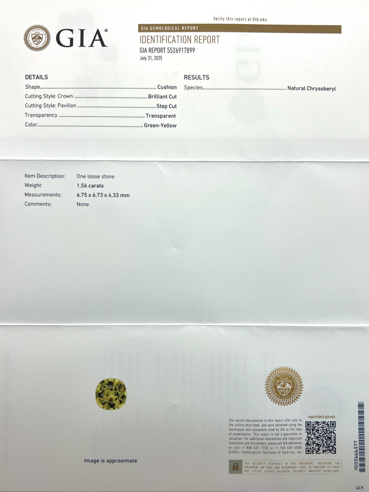 1.56ct GIA CERTIFIED Yellow Green CHRYSOBERYL Cushion Cut Gem 6.7x6.7mm — view 3