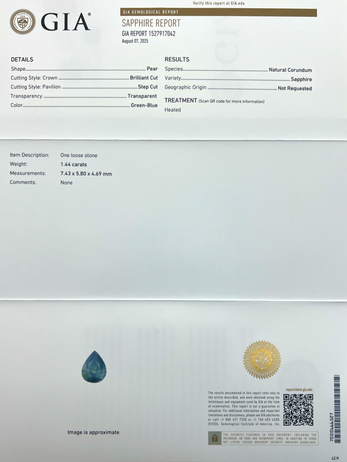 1.44ct GIA CERTIFIED Hazy Green Blue Sapphire Blue Pear Teardrop 7.4x5.8mm Gem — view 2