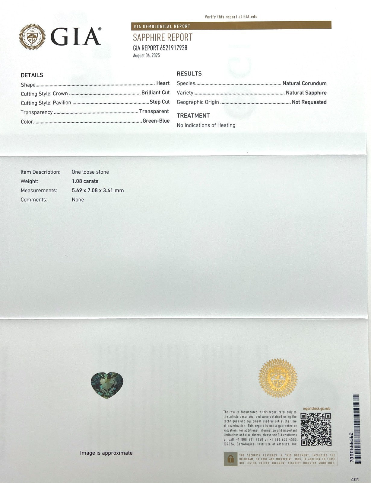 GIA CERTIFIED 1.08ct UNTREATED Green Blue Sapphire Unheated Heart Cut Gemstone — view 2