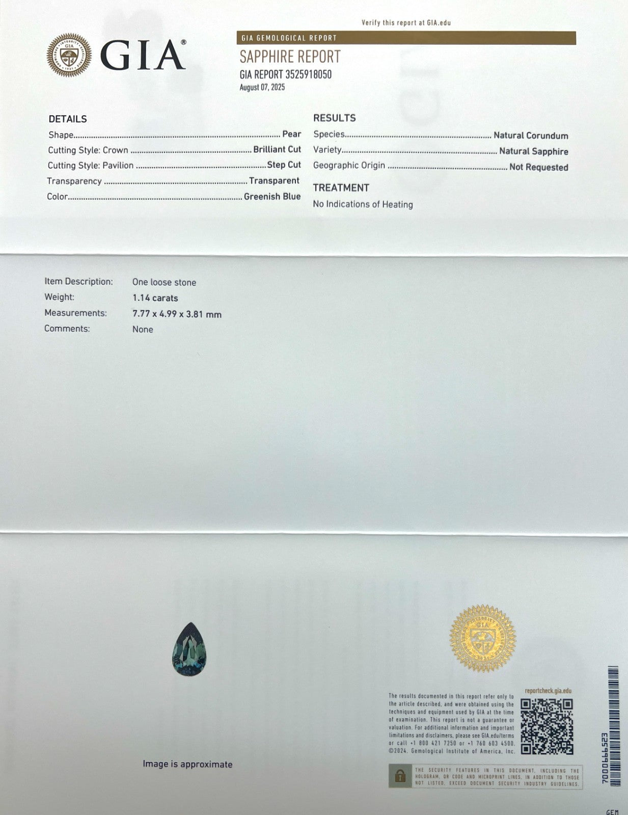 1.14ct GIA CERTIFIED Deep Green Blue Sapphire Blue Pear Teardrop UNTREATED — view 3