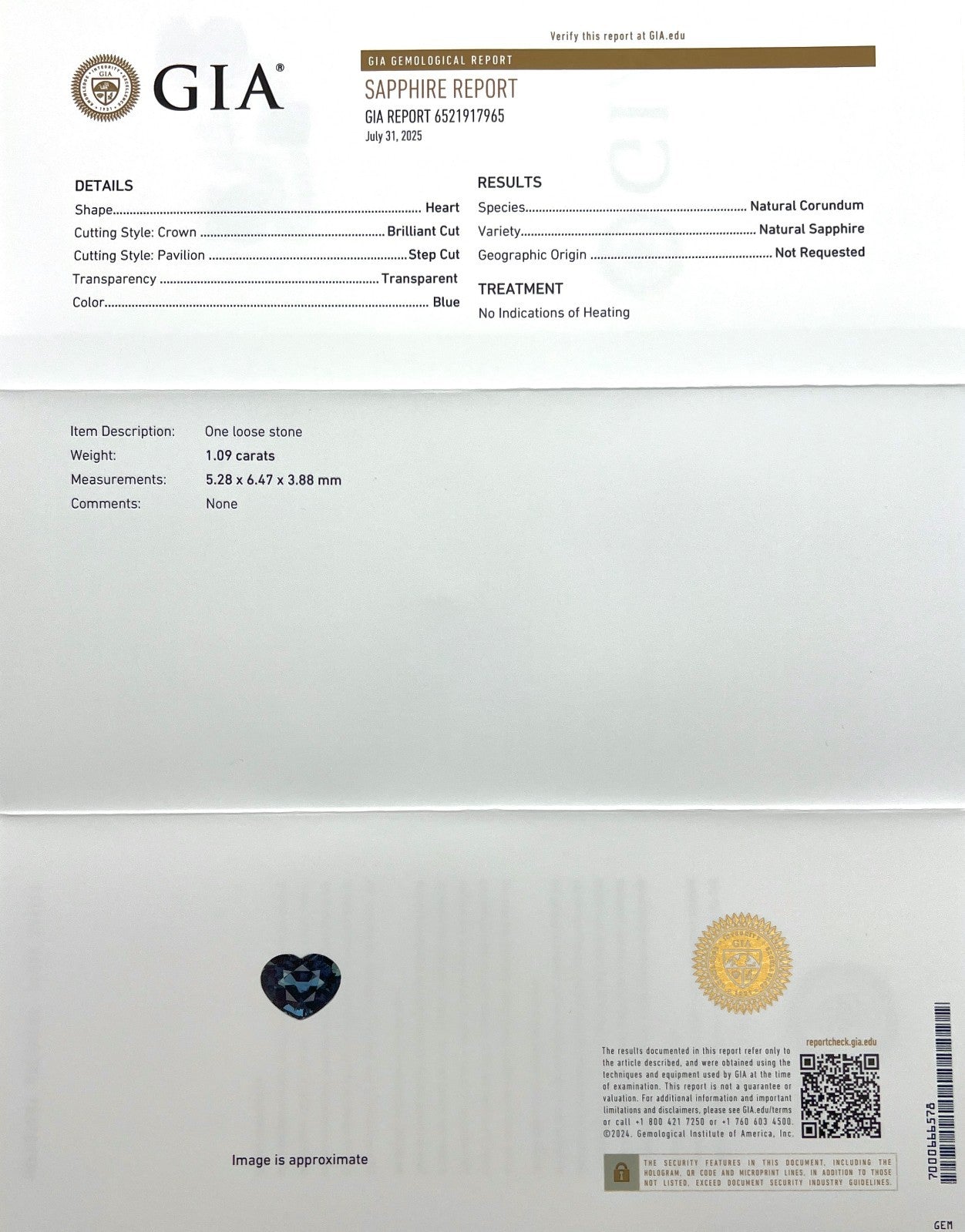GIA CERTIFIED 1.09ct Sapphire Untreated Heart Cut NATURAL Fine Blue Gemstone — view 2