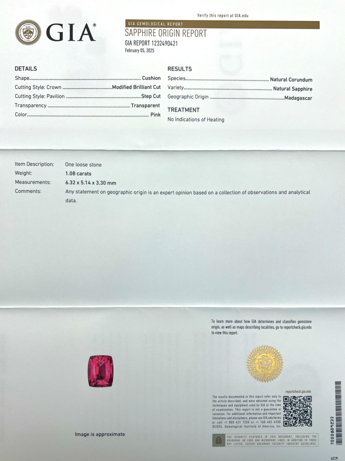 FINE 1.08ct GIA CERTIFIED Unheated Sapphire HOT Pink Cushion Cut Gemstone — view 2