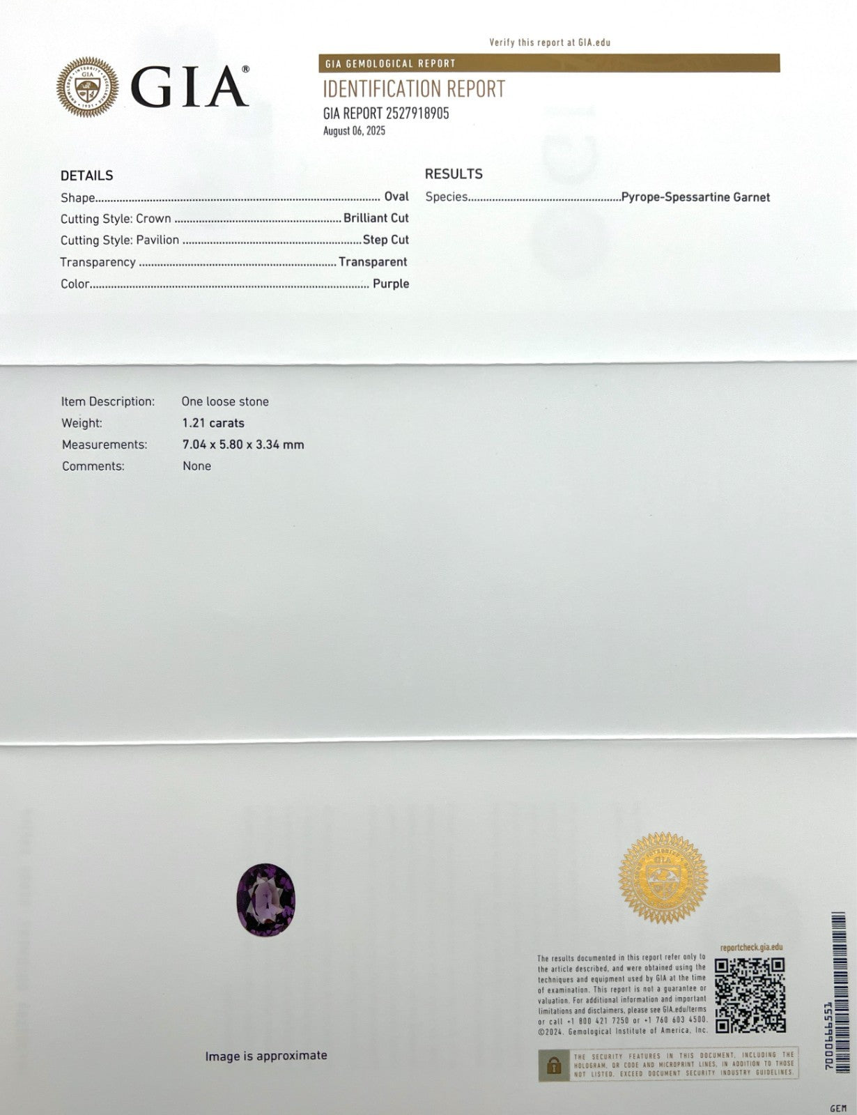 GIA CERTIFIED 1.21ct Pyrope Spessartine Garnet Vivid Purple Oval Cut RARE Gem — view 2