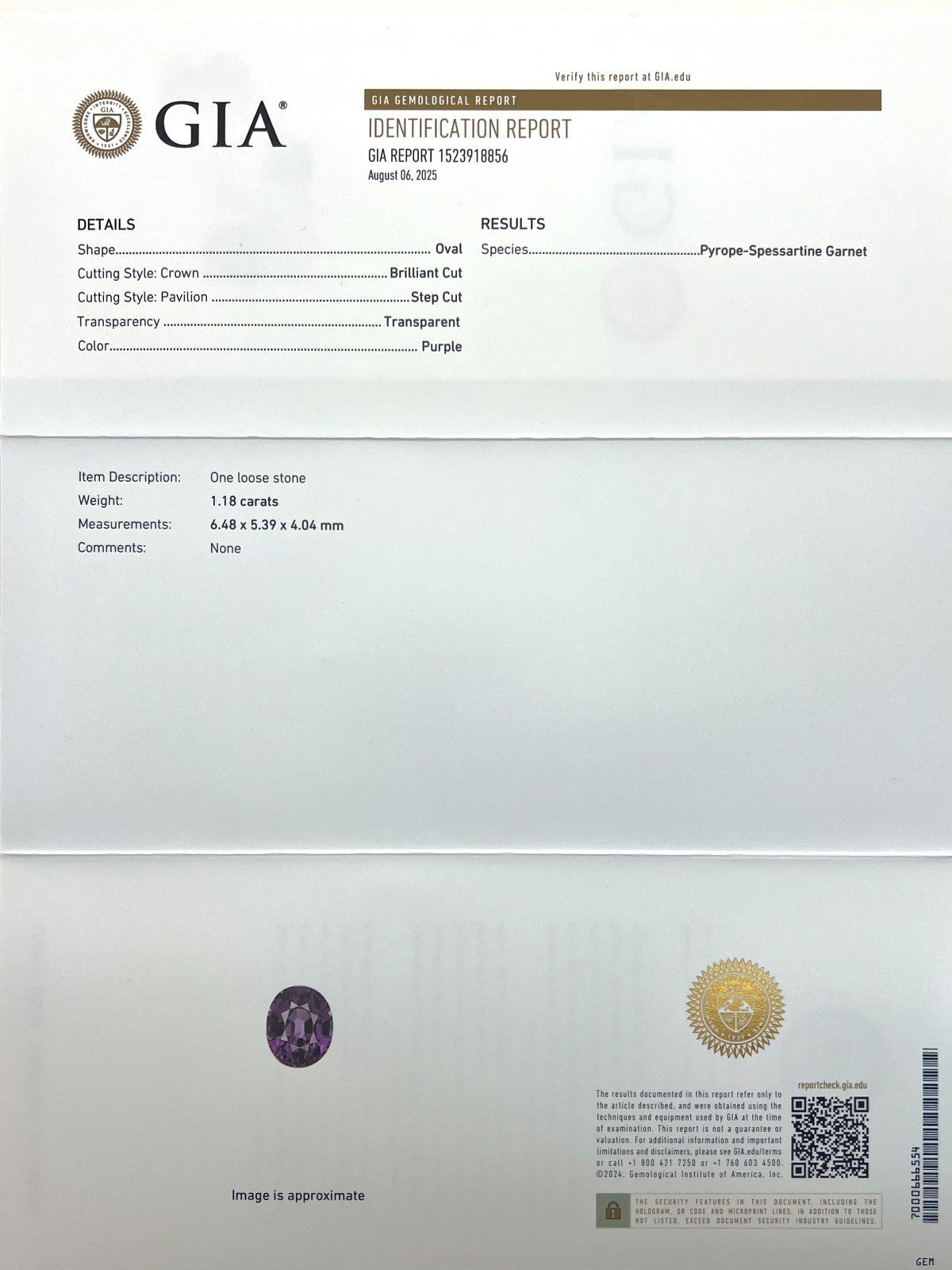 GIA CERTIFIED 1.18ct RARE Pyrope Spessartine Garnet Vivid Purple Oval Cut Gem — view 2