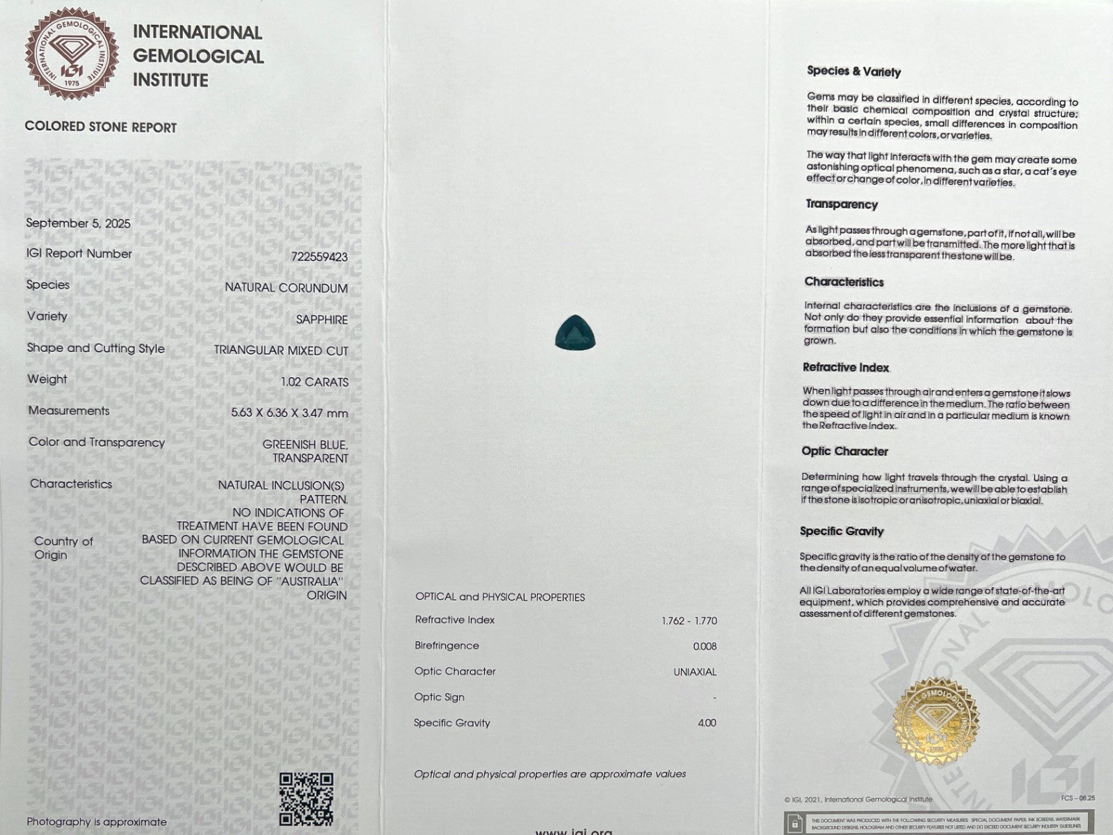 NATURAL 1.02ct Untreated IGI CERTIFIED Green Blue AUSTRALIAN Sapphire Trillion — view 2