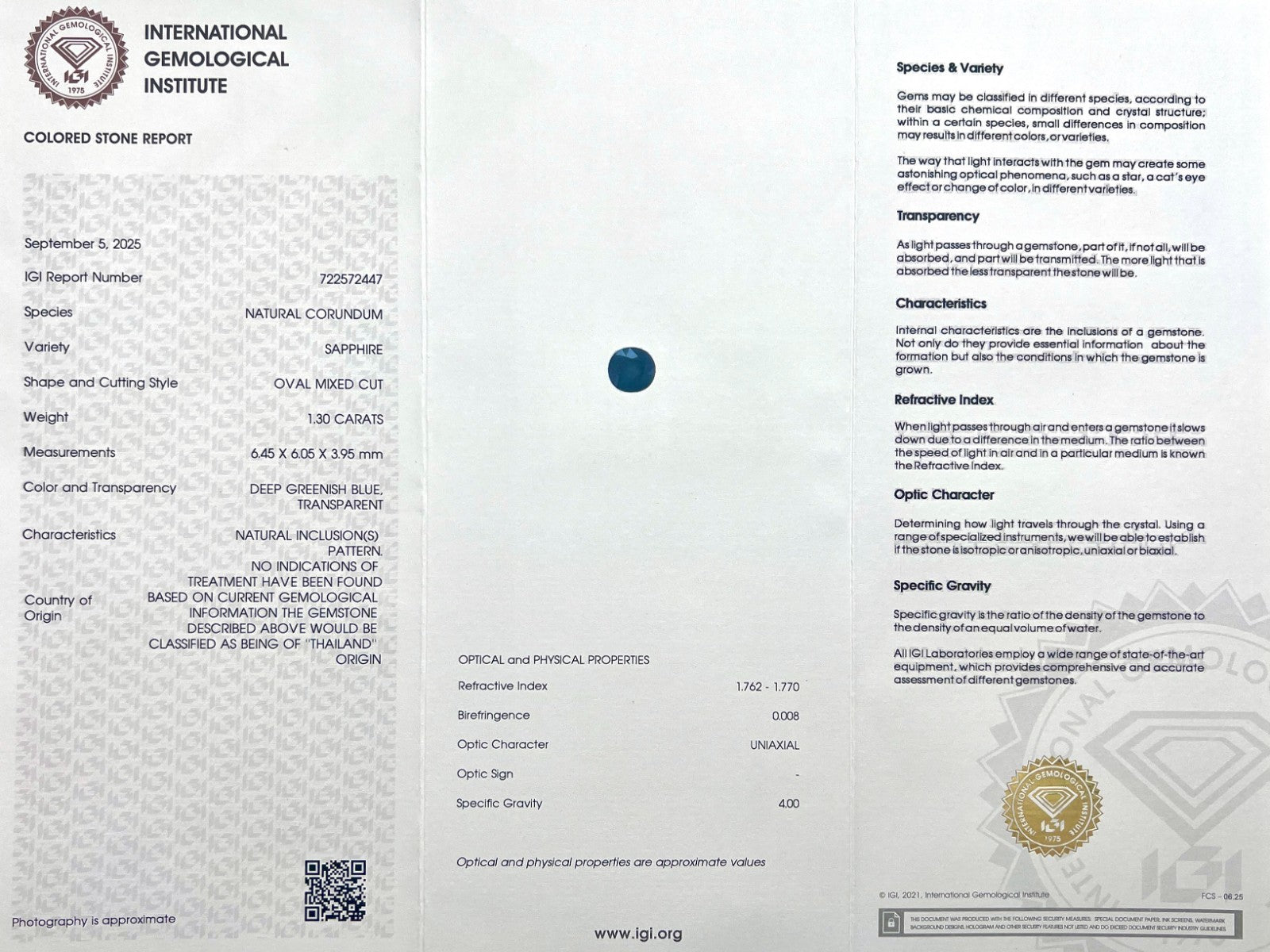 IGI CERTIFIED 1.30ct Untreated THAILAND Deep Green Blue Sapphire NO HEAT Oval — view 2