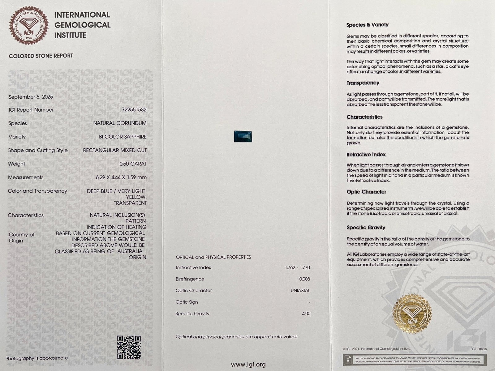 IGI CERTIFIED Bi Colour Blue Yellow AUSTRALIA Sapphire 0.50ct Rectangular Gem — view 2