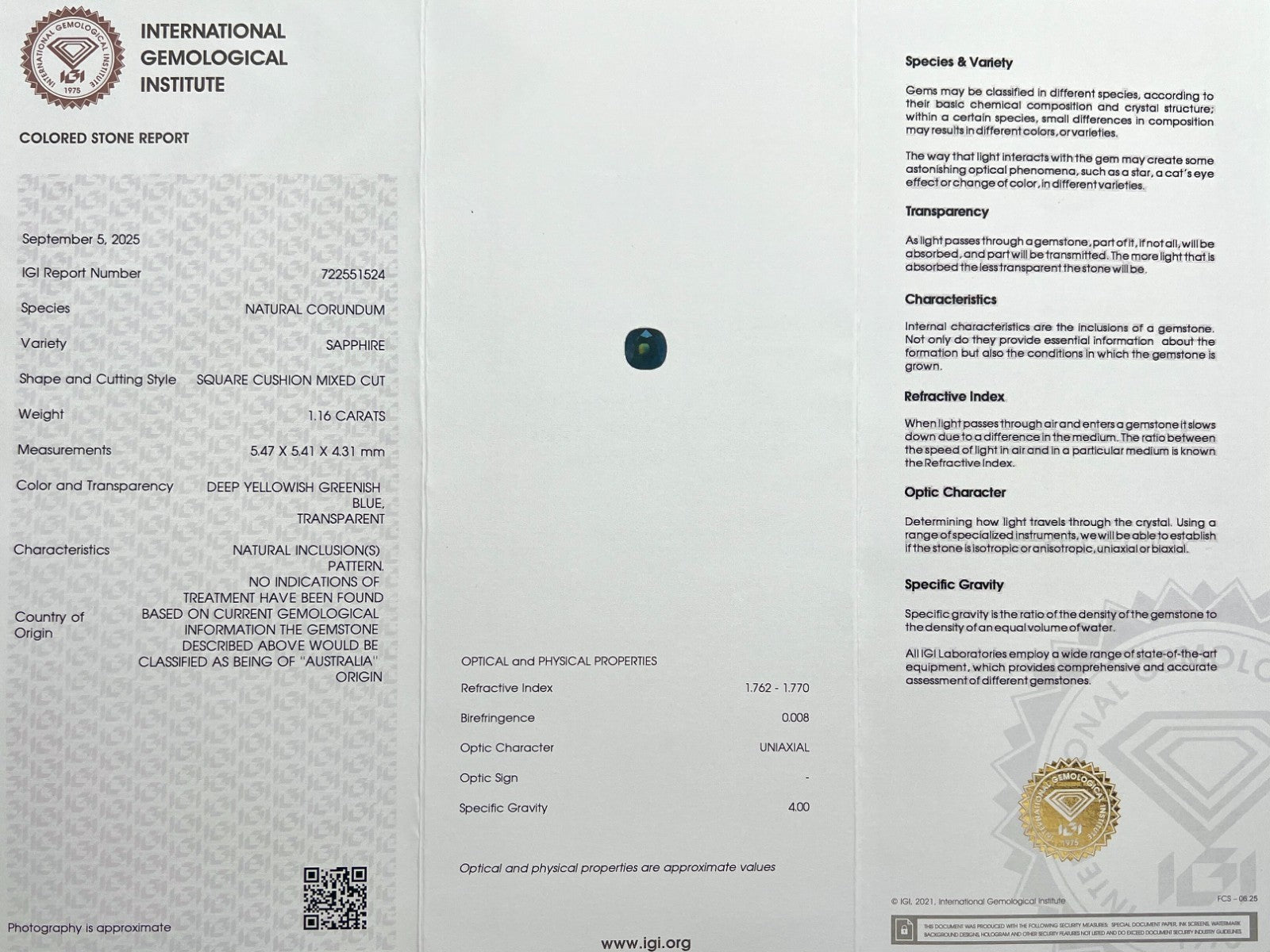 Unique 1.16ct IGI CERTIFIED Bi Colour Sapphire Yellow Green AUSTRALIAN Untreated — view 2