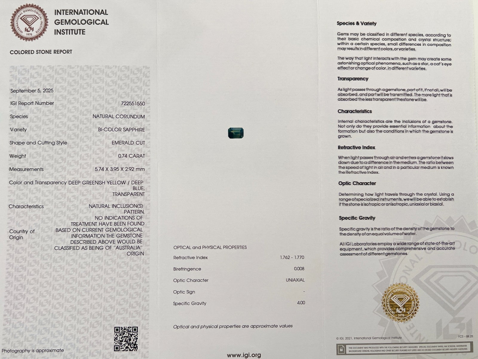 Unique IGI CERTIFIED Bi Colour Blue Yellow AUSTRALIA Sapphire 0.74ct UNHEATED — view 2
