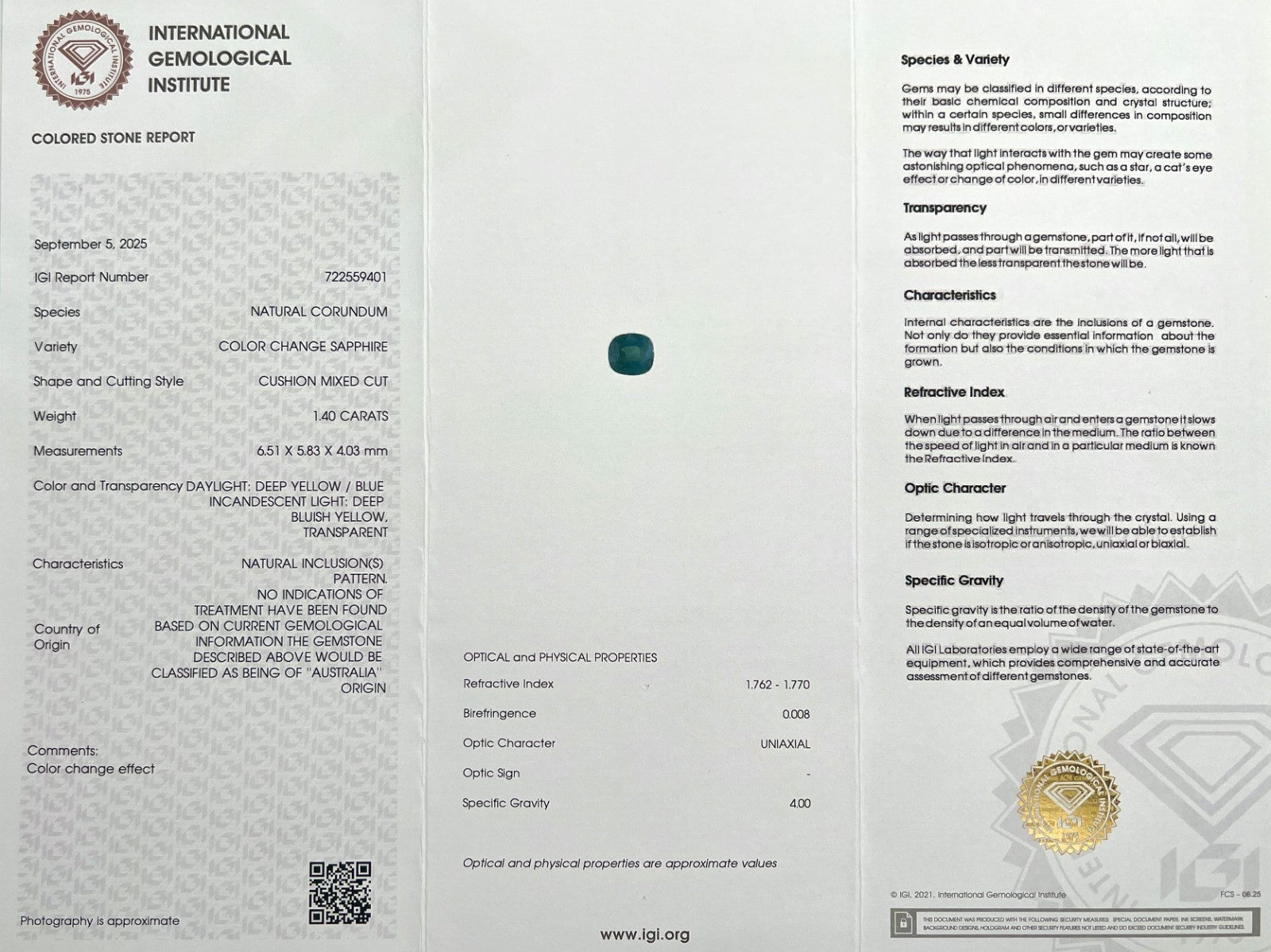 Rare IGI CERTIFIED 1.40ct Colour Change AUSTRALIA Sapphire UNHEATED Cushion Cut — view 2