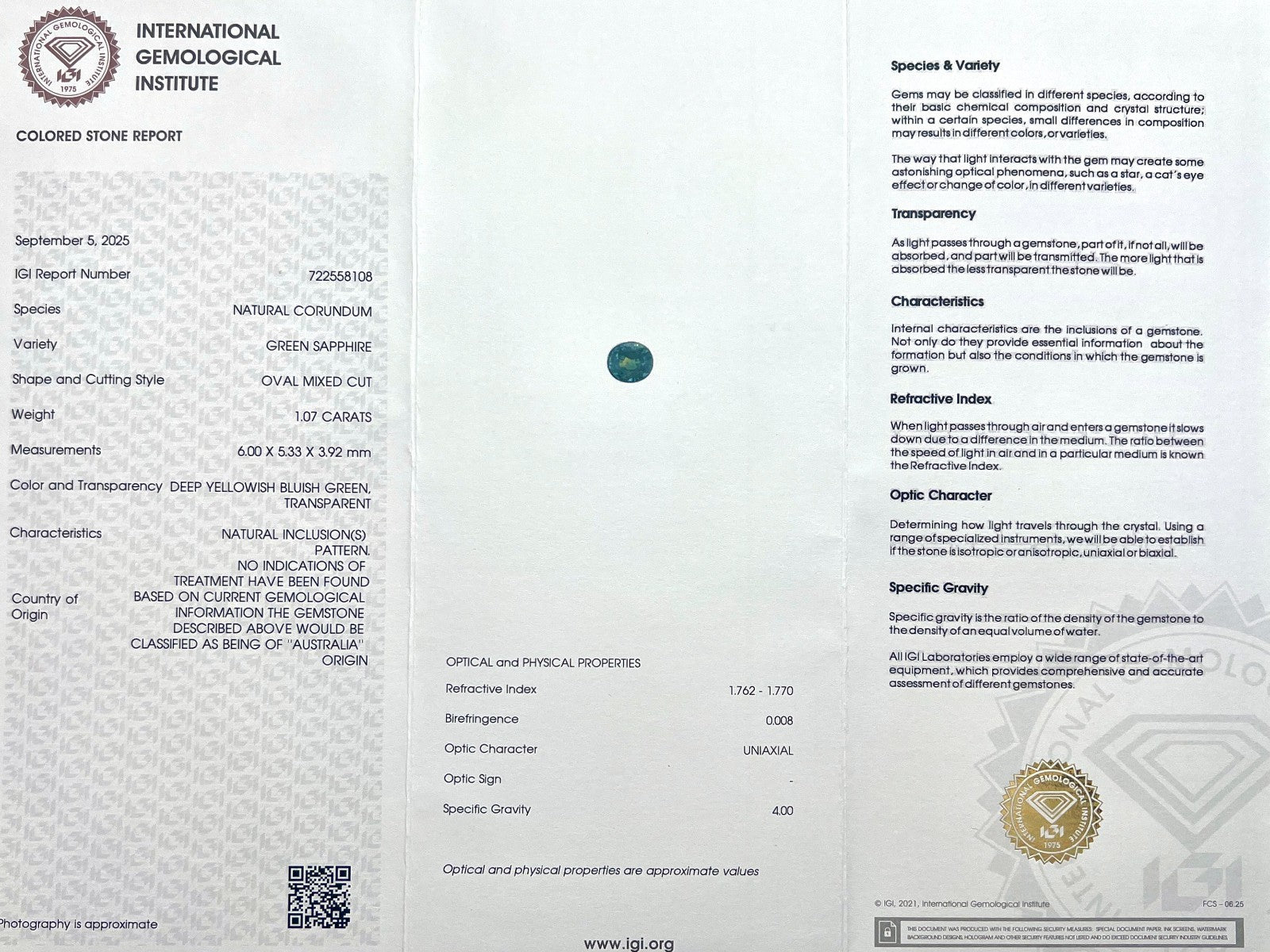 IGI CERTIFIED 1.07ct Australian VIVID Yellow Green UNHEATED Sapphire Oval Cut — view 2