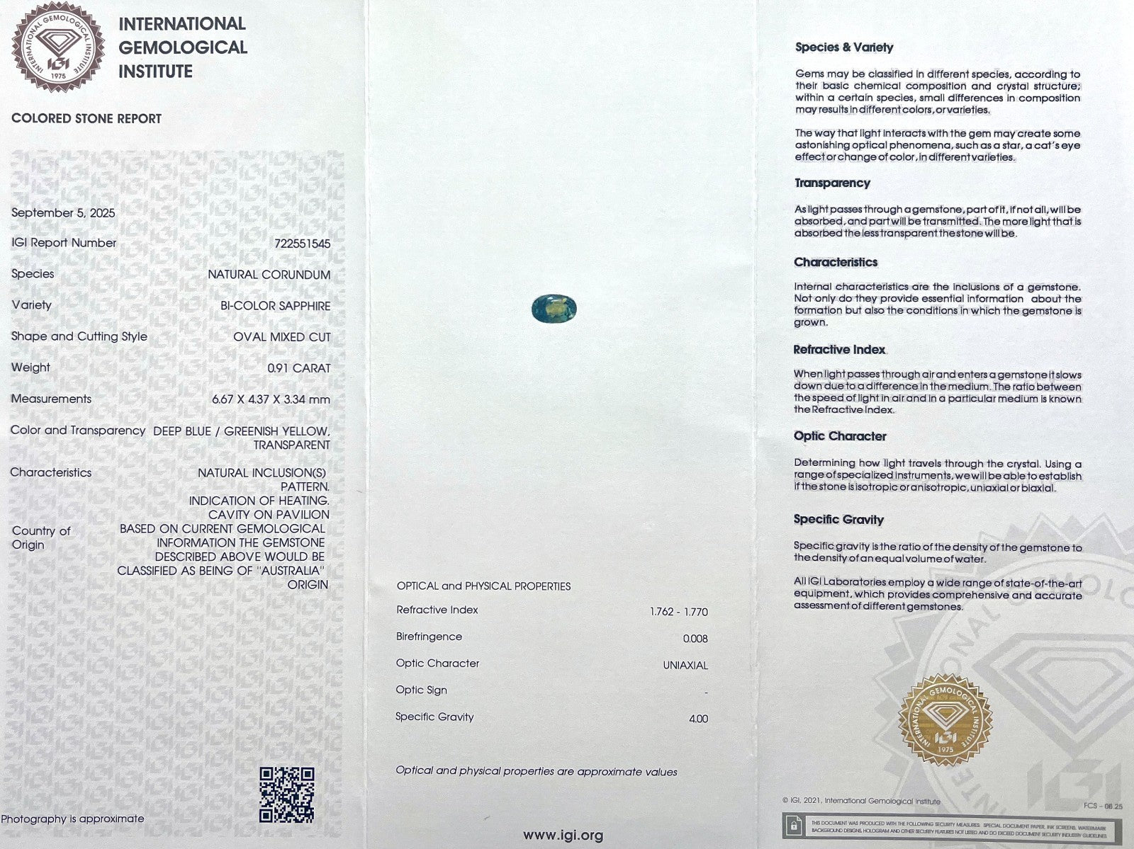IGI CERTIFIED 0.91ct AUSTRALIA Bi Colour Blue Green Yellow Sapphire Oval Cut Gem — view 2