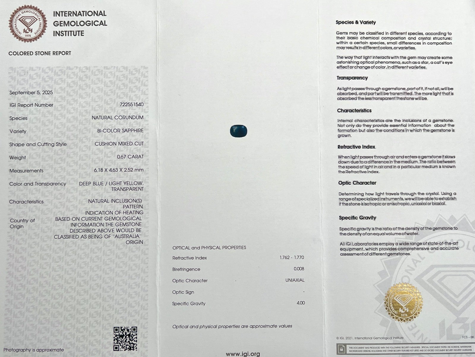 IGI CERTIFIED Bi Colour AUSTRALIA Blue Yellow Sapphire 0.67ct Oval Cut UNHEATED — view 2