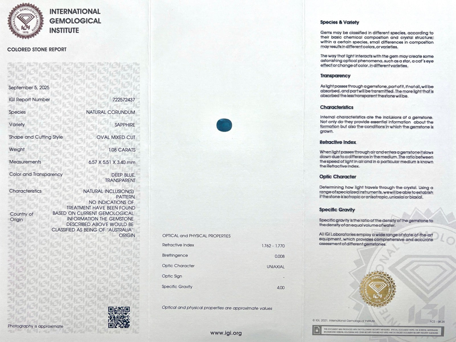 Fine IGI CERTIFIED 1.08ct Untreated AUSTRALIAN Deep Blue Sapphire Oval Cut RARE — view 2