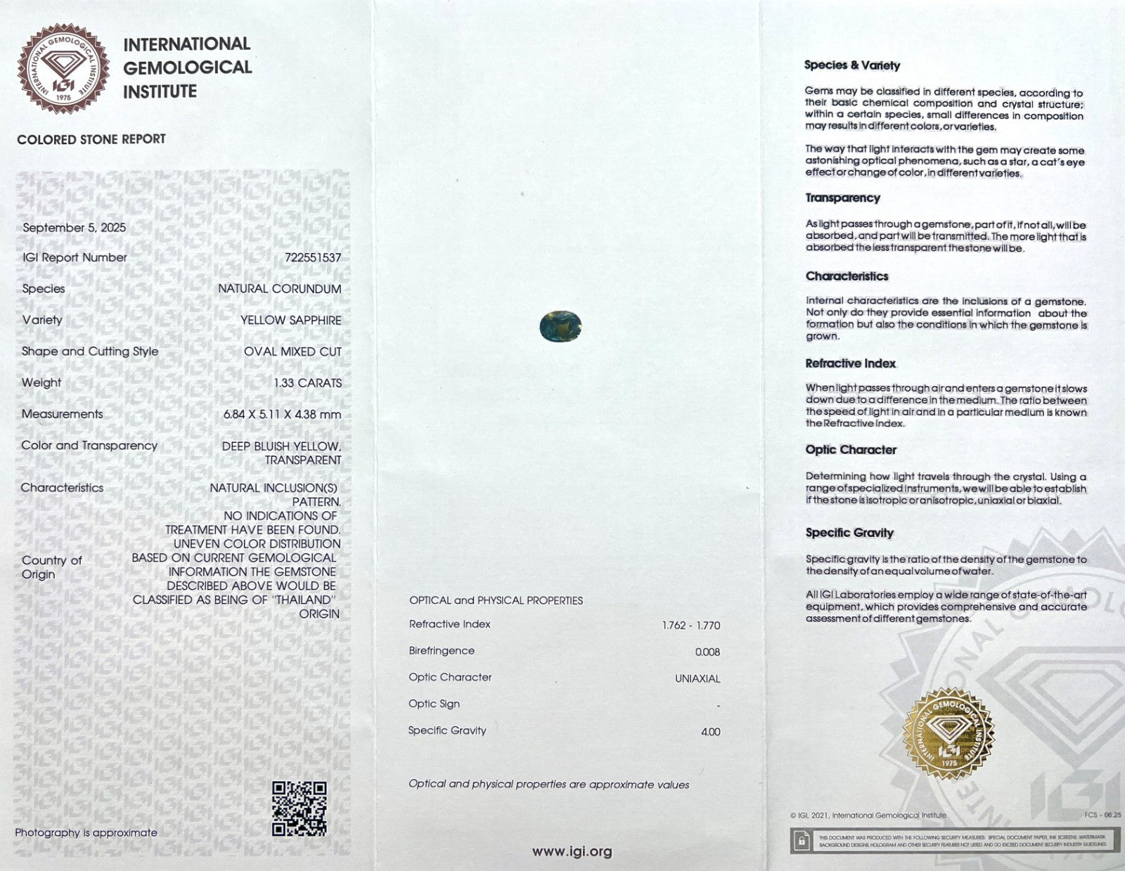 IGI CERTIFIED 1.33ct Untreated THAI Deep Blue Yellow BI COLOUR Sapphire Oval — view 2