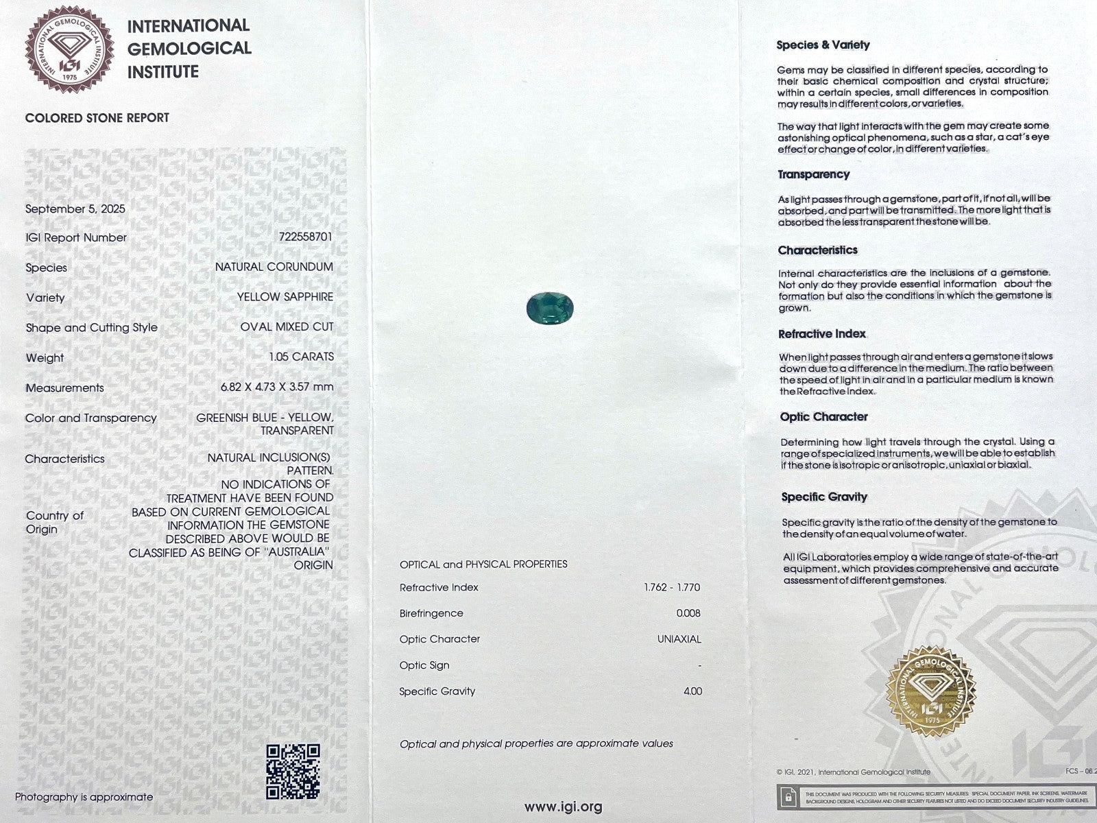 IGI CERTIFIED 1.05ct AUSTRALIA Green Yellow NATURAL Sapphire UNTREATED Oval Cut — view 2