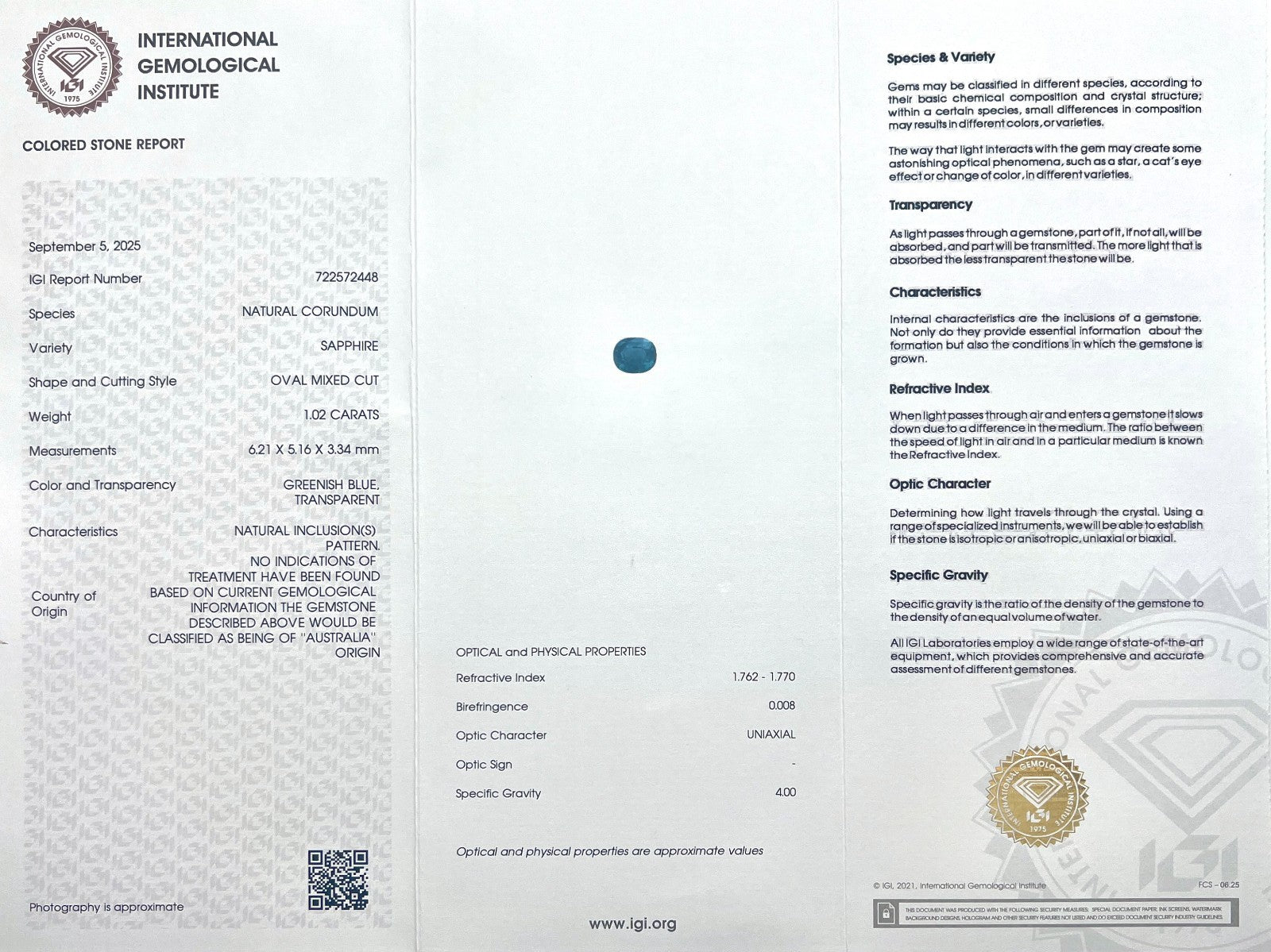 Fine IGI CERTIFIED 1.02ct Untreated AUSTRALIAN Green Blue TEAL Sapphire Oval Cut — view 2