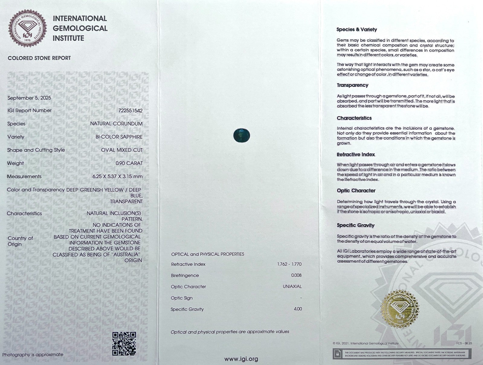 IGI CERTIFIED 0.90ct AUSTRALIA Bi Colour Yellow Sapphire UNTREATED Oval Cut Gem — view 2