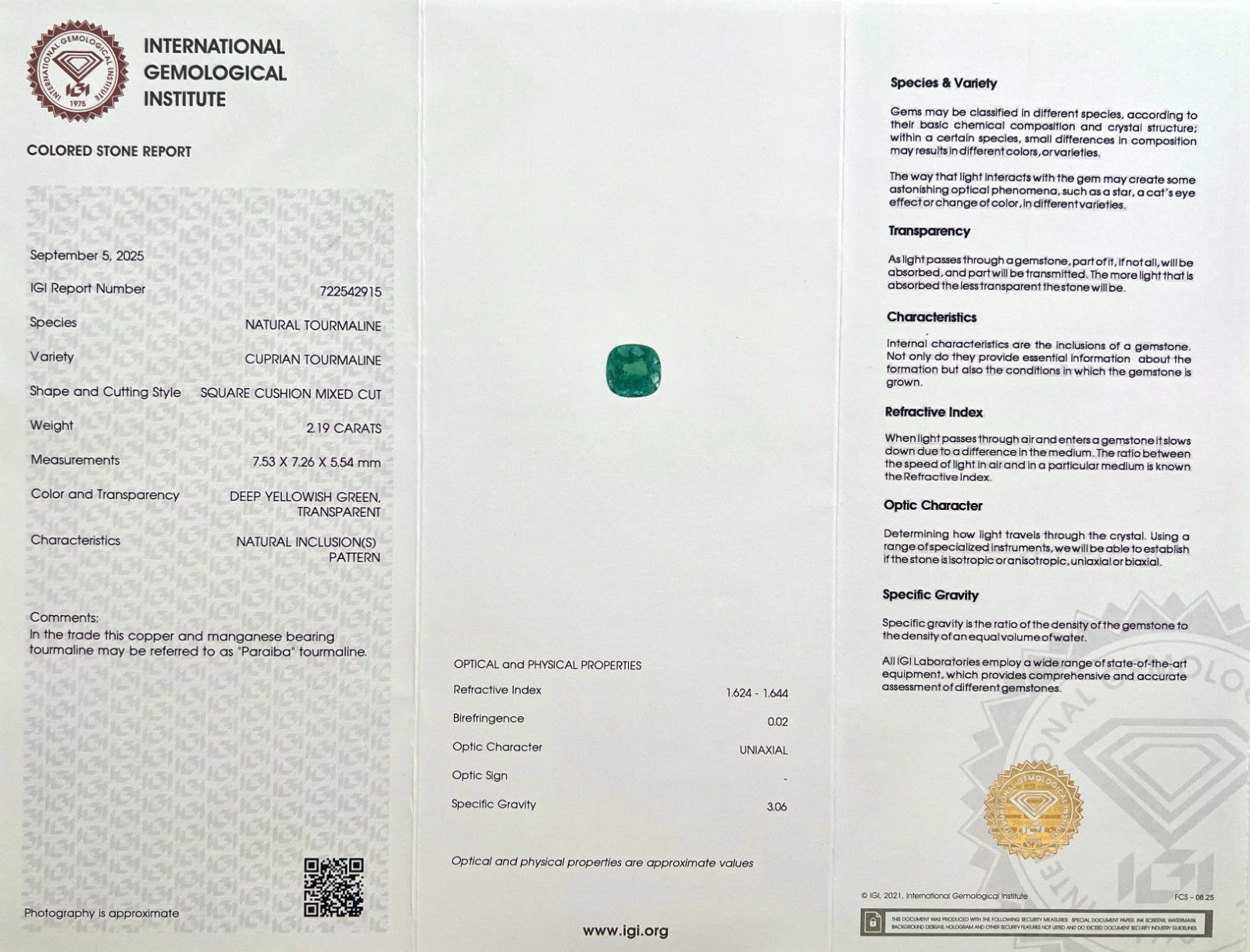 2.19ct IGI CERTIFIED Fine NATURAL Cuprian PARAIBA Tourmaline Cushion Cut RARE — view 2