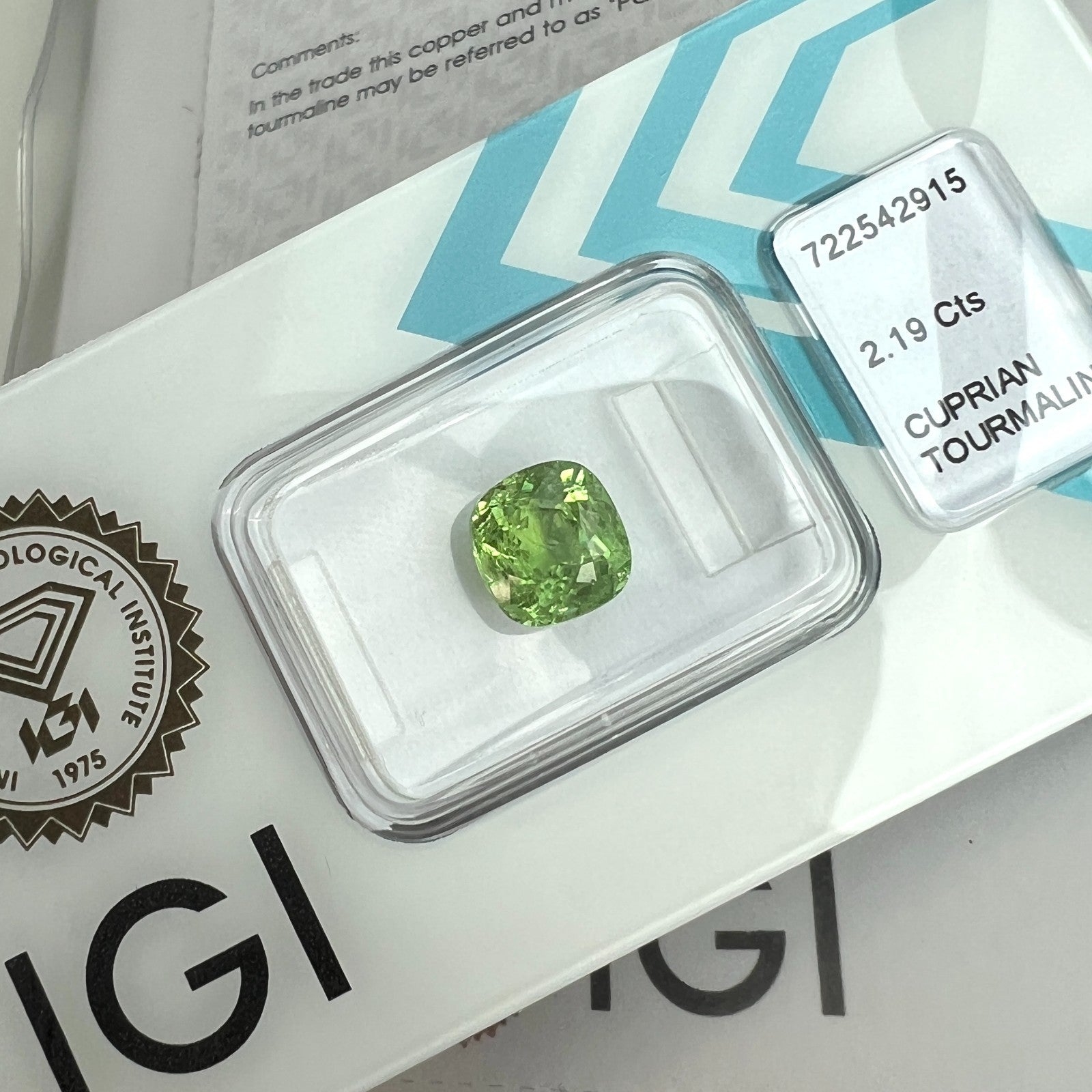 2.19ct IGI CERTIFIED Fine NATURAL Cuprian PARAIBA Tourmaline Cushion Cut RARE — view 3